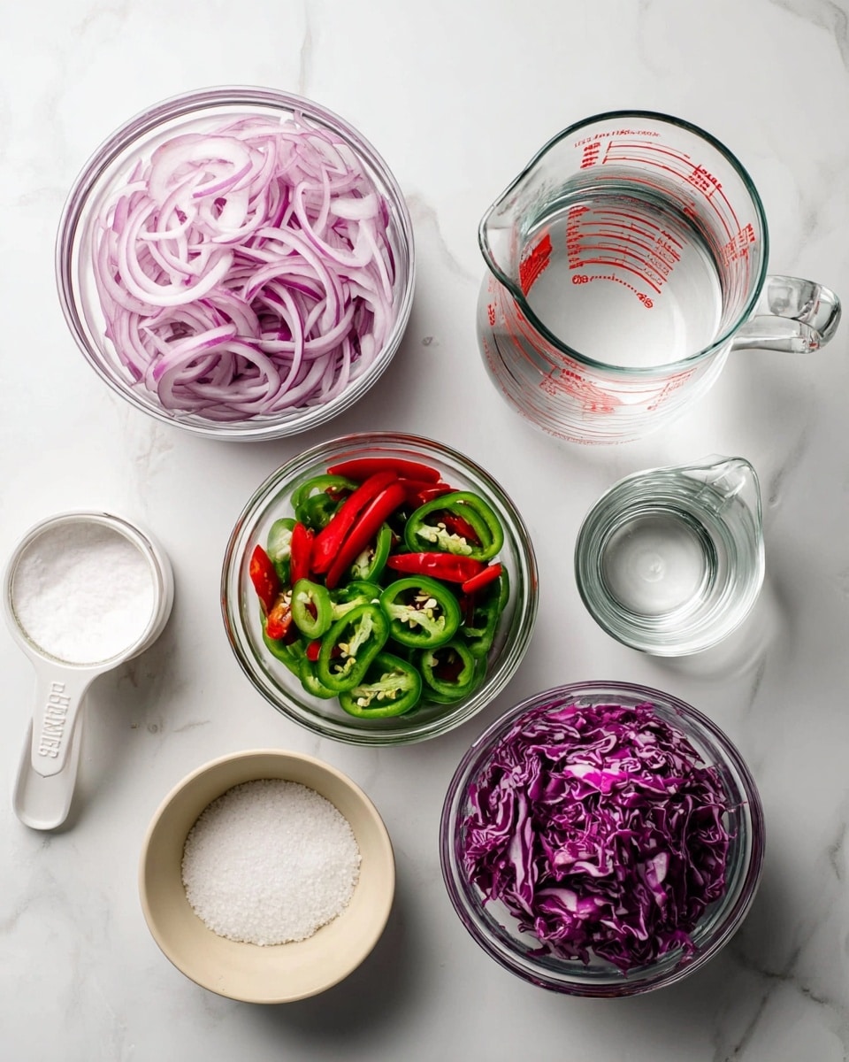 The image shows six containers on a white marbled surface, each filled with different ingredients. Starting from the top left, there is a clear glass bowl filled with thinly sliced red onions, light purple and white in color. Below it, another clear glass bowl holds sliced green and red chili peppers with smooth, round edges. To the right of the onions, there is a small clear glass pitcher with clear liquid, showing red measurement marks. Below this, another glass bowl contains shredded purple cabbage with a few white strands. On the right edge of the image, there is a second clear glass pitcher, also holding clear liquid with red measurements. Below this pitcher, a small beige bowl is filled with white sugar granules. Finally, on the far left, a white measuring cup is filled with white granulated sugar, completing the neat arrangement. Photo taken with an iphone --ar 4:5 --v 7