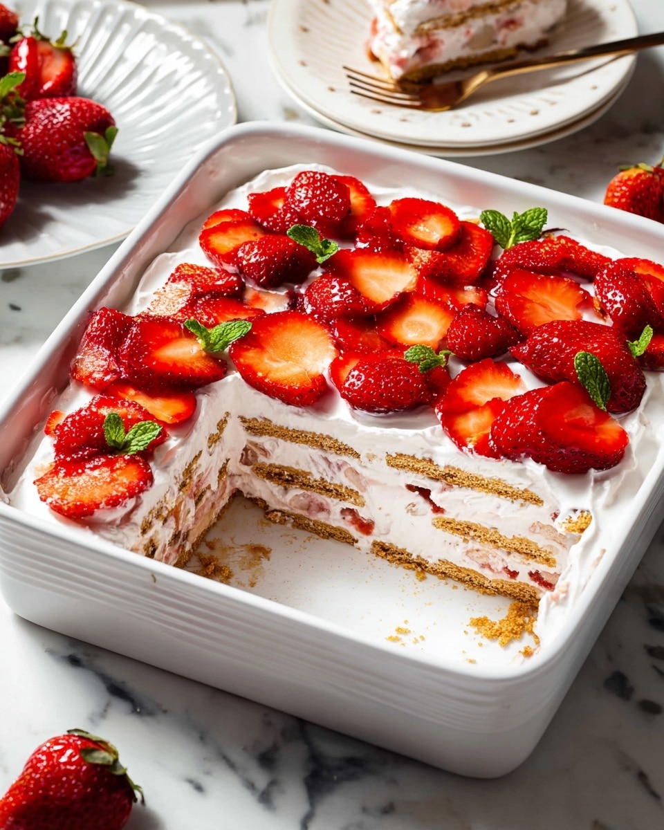 A white square baking dish holds a strawberry layered dessert with four visible layers. The bottom three layers alternate between golden brown cracker pieces and a light creamy white filling with visible strawberry slices embedded inside. The top layer is thick white cream spread evenly, decorated with halved fresh strawberries arranged in neat rows, some with green leaves still attached. Small green mint leaves are placed sparingly among the strawberries on top. A square section is removed from the dessert, showing the layered texture inside. The dish is placed on a white marbled surface, and in the background, a white plate with a single slice of the dessert is visible. Photo taken with an iphone --ar 4:5 --v 7