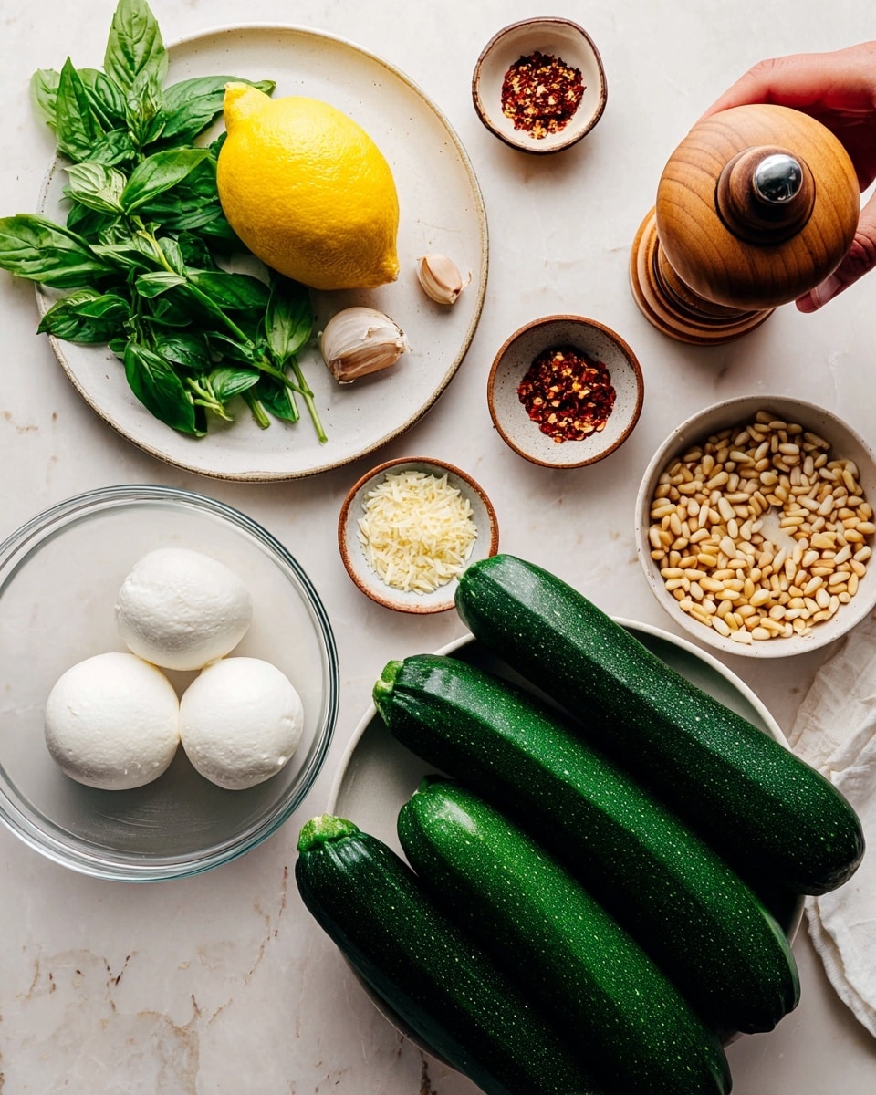 The image shows fresh ingredients arranged neatly on a white marbled surface. There are three large dark green zucchinis stacked in a white bowl at the bottom right. Above the zucchinis, a woman's hand is not visible but ingredients include a wooden pepper grinder and small bowls with red chili flakes and white salt. To the left, a white plate holds fresh green mint leaves and basil, next to a whole bright yellow lemon and two garlic cloves. A clear glass bowl holds two white mozzarella balls. A small brown bowl filled with finely grated pale yellow cheese and another clear bowl containing small beige pine nuts complete the arrangement. Photo taken with an iphone --ar 4:5 --v 7