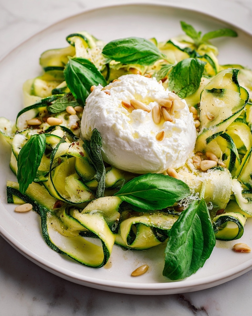 A white plate holds a fresh zucchini salad with thin, green, curled strips of zucchini forming the base layer. On top of this is a soft, white ball of cheese with a rip in the middle showing a creamy inside. Golden pine nuts are scattered over the cheese and zucchini, adding texture. Bright green fresh mint and basil leaves add color and freshness, placed unevenly on and around the cheese. The plate is set against a white marbled background. photo taken with an iphone --ar 4:5 --v 7