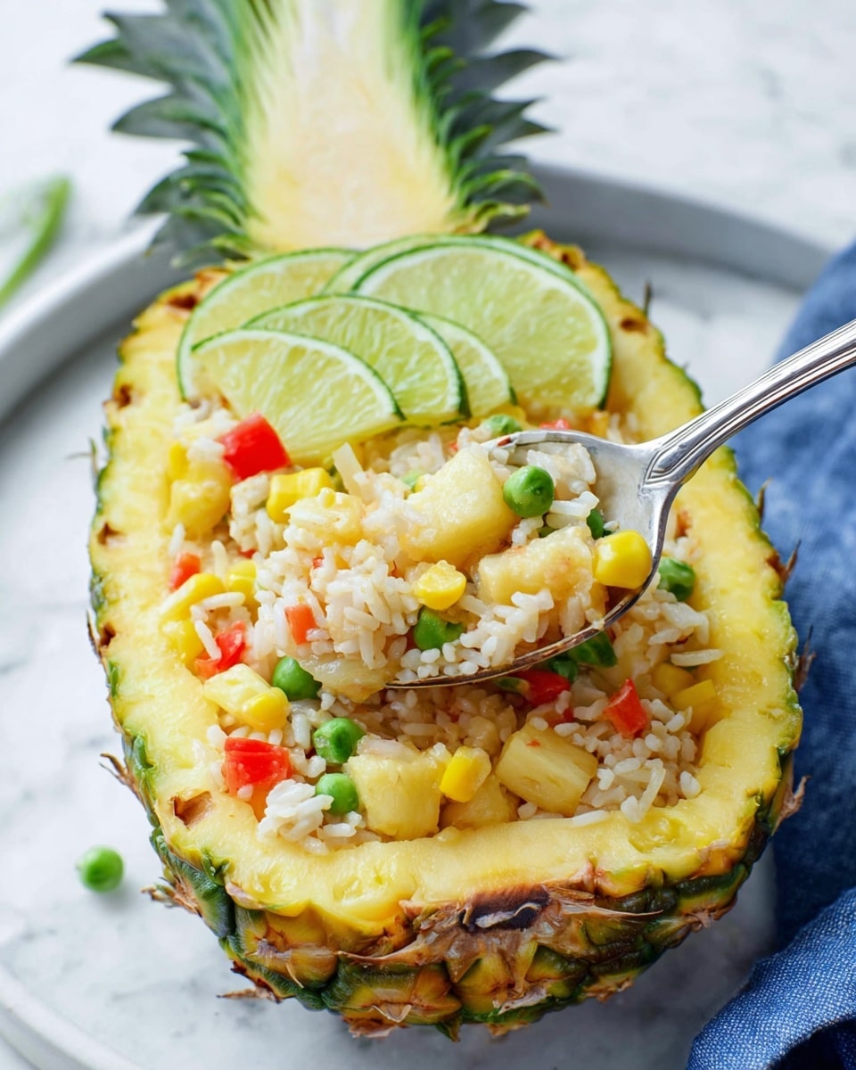 A hollowed pineapple half serves as a bowl holding three layers: the bottom layer is yellow pineapple flesh with its natural texture, the middle layer is white rice mixed with small bright green peas, yellow corn kernels, and chunks of red bell pepper, and the top layer has three thin slices of light green lime arranged neatly on one side; a silver spoon scoops a mix of these ingredients, and the whole dish sits on a white marbled surface with a glimpse of a blue cloth nearby, photo taken with an iphone --ar 4:5 --v 7