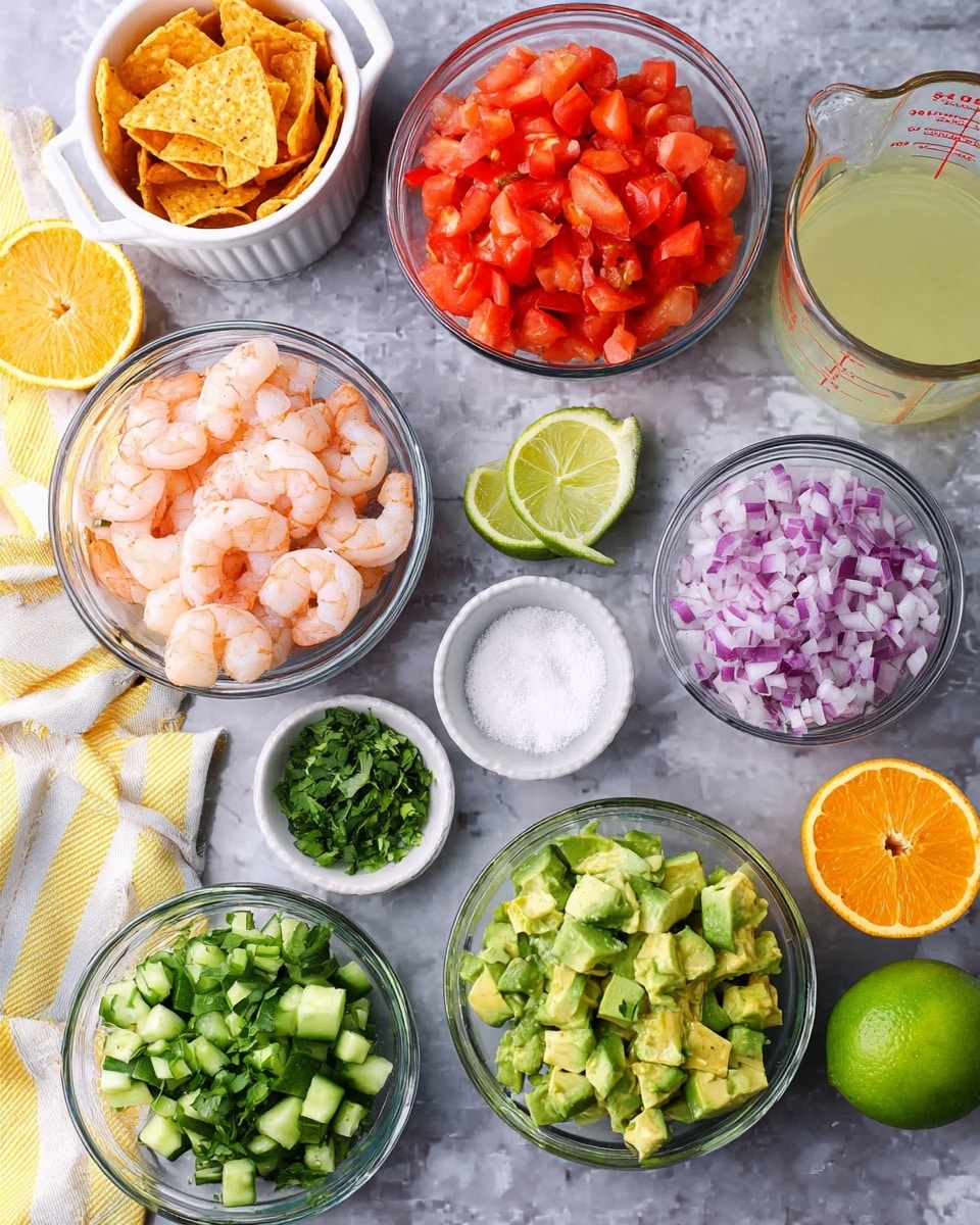 The image shows a collection of clear glass bowls filled with different colorful ingredients arranged on a white marbled surface. Starting at the top, there is a bowl filled with bright red diced tomatoes, to the right of it a clear measuring cup with a pale yellow liquid, and below both is a bowl with pink and white cooked shrimp. Below the shrimp bowl, there is a bowl filled with green diced avocado pieces, next to it on the right a bowl with finely chopped purple onions. Moving downwards, there is a bowl of chopped green cucumbers, alongside a small bowl of white granulated salt and a small bowl of finely chopped green cilantro. On the left side near the top, there is a small white cup filled with orange tortilla chips, and two whole green limes are placed beside a yellow and white striped cloth. Two halves of an orange are placed on the right side of the bowls. photo taken with an iphone --ar 4:5 --v 7
