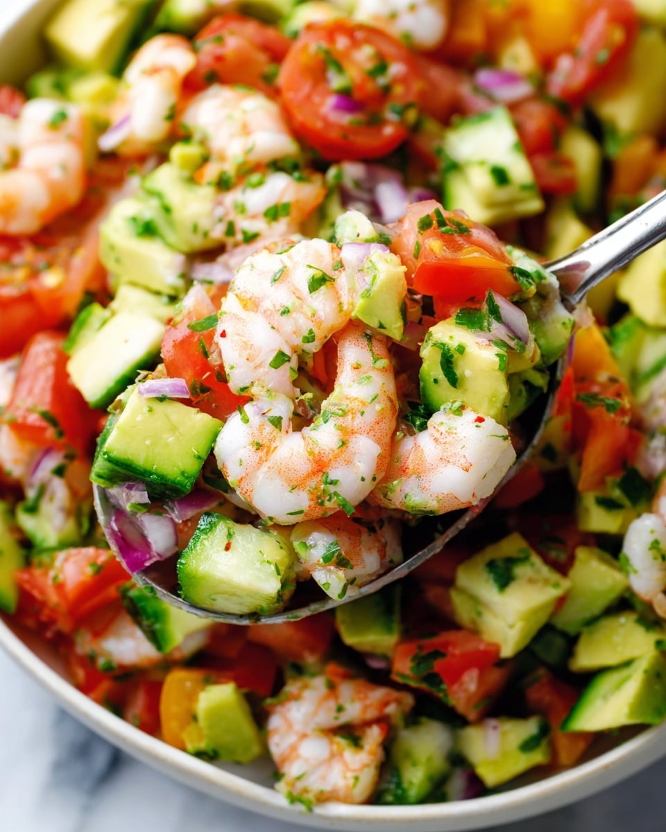 A close-up of a spoon holding a mix of small, peeled shrimp that are white with light pink edges and sprinkled with green herbs, sitting on top of diced red tomatoes, bright green avocado, green cucumbers, and tiny bits of purple onion all tossed together in a bowl. The bowl is white, and behind the spoon, you can see more of the colorful mix of shrimp, avocado, tomatoes, cucumbers, and onions with a white marbled surface in the background. Photo taken with an iphone --ar 4:5 --v 7