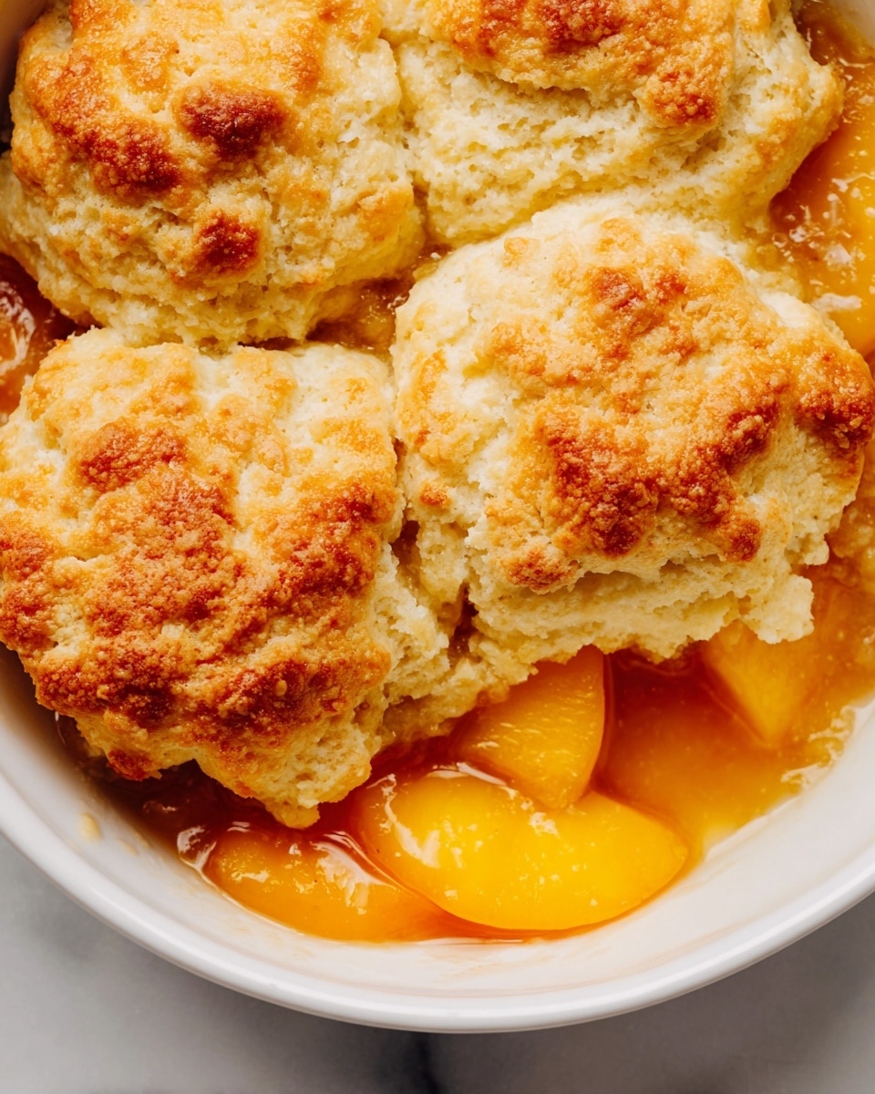 A close-up view of a peach cobbler in a white dish, showing a top layer made of three large, golden brown, uneven biscuit mounds with a crispy texture. Below the biscuits, there is a juicy peach filling with vibrant orange slices and syrupy juice visible at the edges, creating a warm contrast with the biscuit topping. The white dish rests on a white marbled surface. photo taken with an iphone --ar 4:5 --v 7
