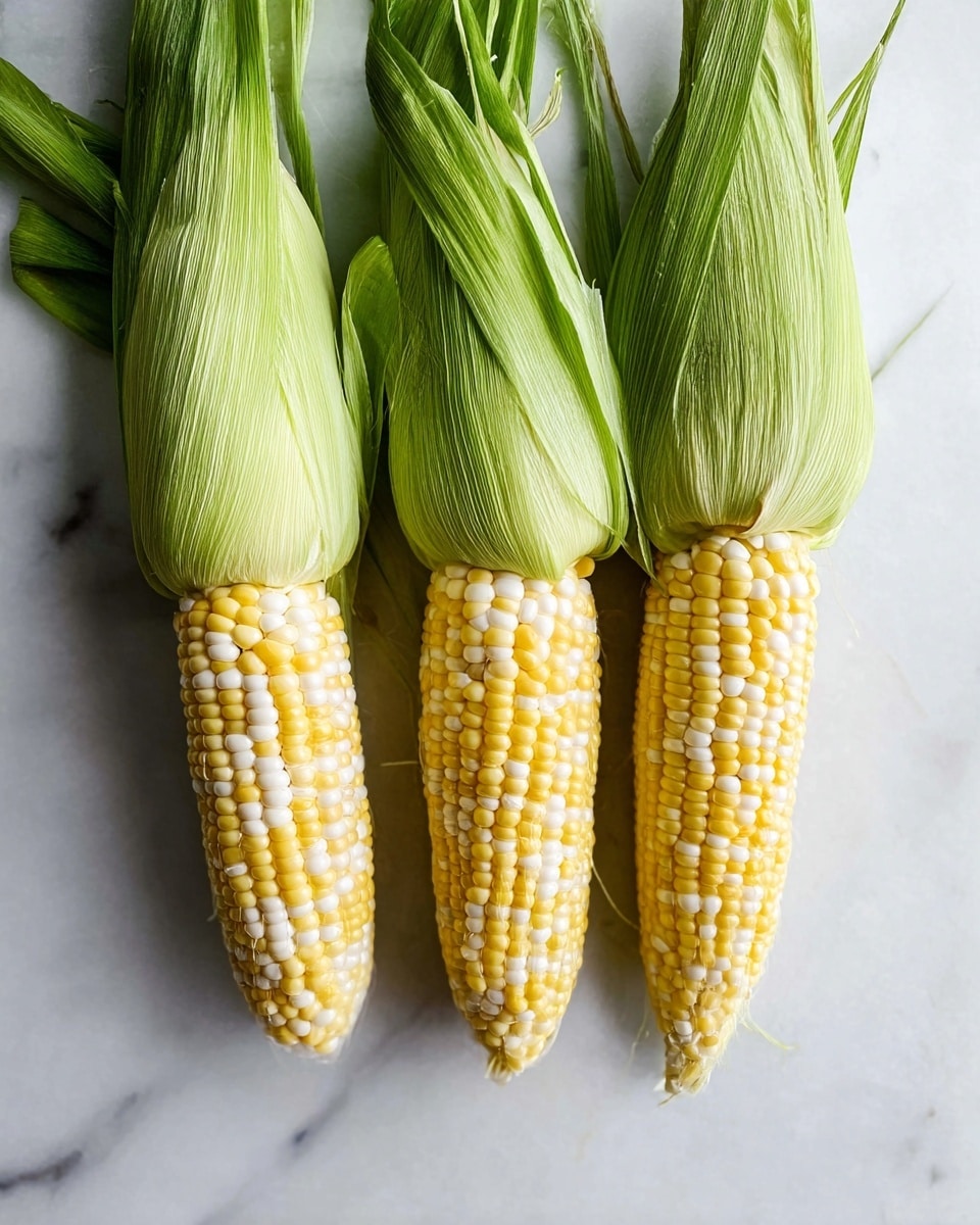 Three ears of corn with light green husks partially peeled back, showing the yellow and white kernels tightly packed in rows. The corn is placed side by side on a white marbled surface, with the husks extending upward and slightly opened to reveal the bright, fresh kernels below. The scene is bright and clear, emphasizing the texture of the kernels and the soft, fibrous husks. photo taken with an iphone --ar 4:5 --v 7