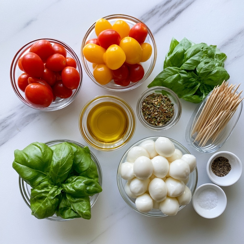 The image shows ingredients placed on a white marbled surface, each in small clear glass bowls. There are red and yellow cherry tomatoes in two separate bowls, bright green fresh basil leaves in another bowl, and white small mozzarella balls in a clear bowl. A small bowl contains light golden olive oil, and another small bowl has Italian seasoning with a mix of herbs. Mini wooden skewers are placed in a clear glass container. Two tiny white bowls hold salt and ground pepper. The clean layout of these ingredients is organized for making a fresh snack or appetizer. Photo taken with an iphone --ar 4:5 --v 7