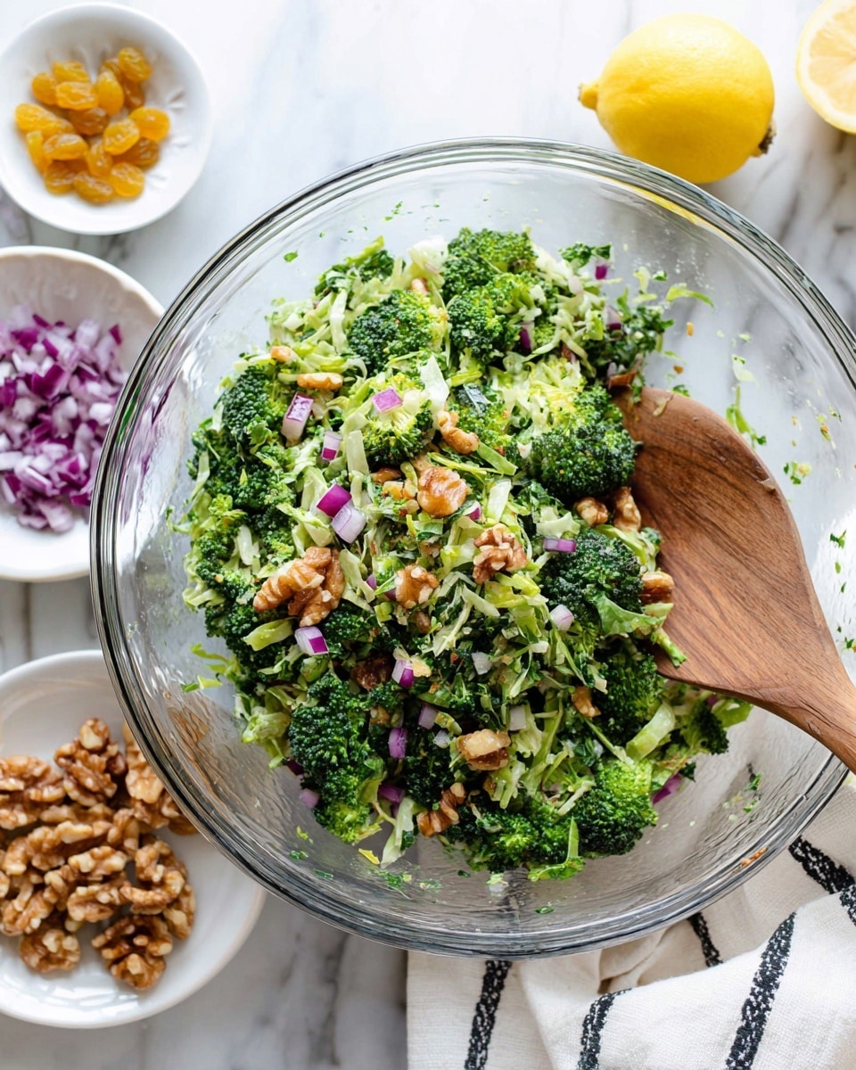 A clear glass bowl filled with a fresh salad that has three main layers: deep green broccoli florets, light green shredded cabbage, and small chunks of light brown walnuts mixed evenly. Scattered throughout are small pieces of diced purple and white red onions and bright yellow raisins. A wooden spoon is partially inside the bowl on the right side. Around the bowl on a white marbled surface are three small white plates—one with golden raisins, one with diced purple onions, and one with walnuts—and a bright yellow lemon is placed near the top right edge. A white cloth with thin black stripes is folded on the right side. Photo taken with an iphone --ar 4:5 --v 7