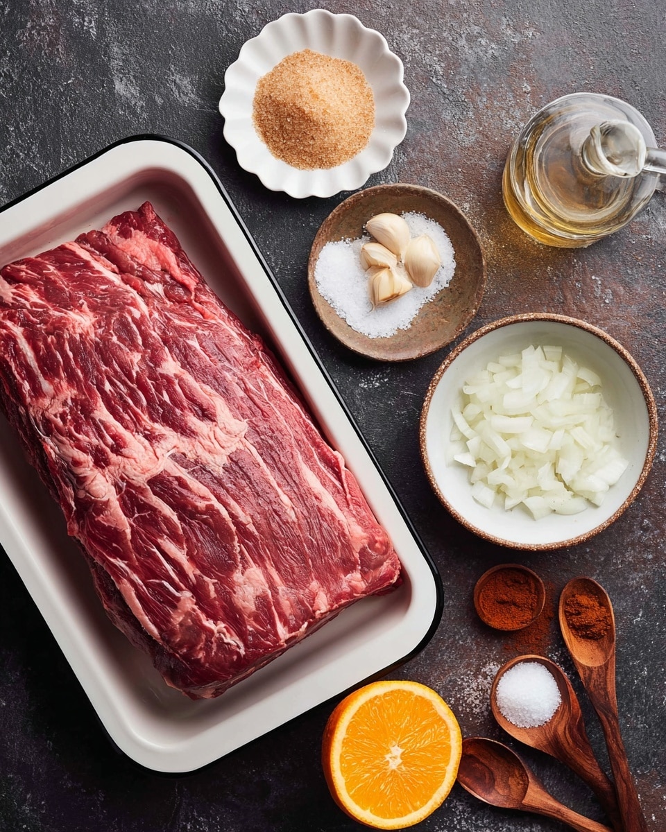 A top view shows a large, red raw meat piece with white fat lines, placed in a white tray with black trim at the bottom left. Surrounding it on a dark textured surface are small white bowls and wooden spoons holding various ingredients: light brown sugar in a scalloped bowl at top center, small white garlic cloves on a small white plate, a bowl with white chopped onions at bottom right, and coarse white salt in a round bowl below the meat. There is a wooden spoon with reddish and brown powders at the right and a glass bottle with clear liquid to the right of the sugar bowl. A bright orange half is at the bottom right corner. Photo taken with an iphone --ar 4:5 --v 7