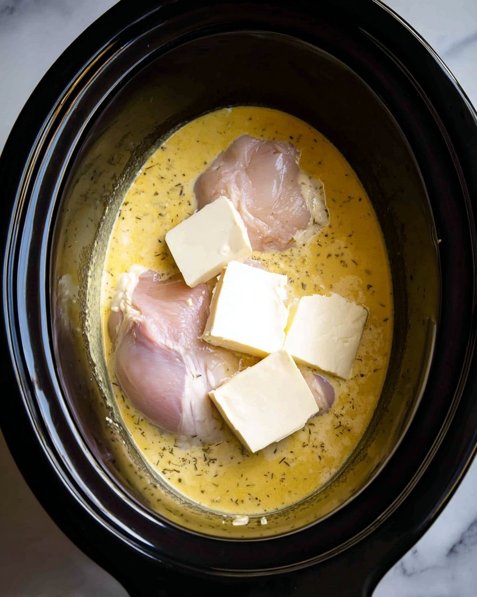 Inside a black slow cooker, there is a yellow sauce layer that looks creamy with some small herbs and spices visible. On top of the sauce, two pale pink raw chicken pieces lie next to three white rectangular pieces of cream cheese. The scene shows a close-up view with the black inside of the cooker curving around the edges, all set against a white marbled surface. photo taken with an iphone --ar 4:5 --v 7