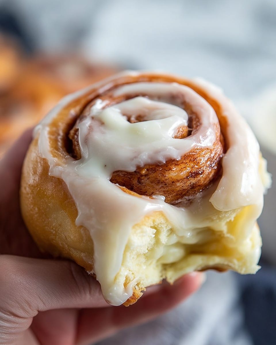 A close-up view of a cinnamon roll being held by a woman's hand, showing the soft spiral layers of golden brown dough with a thick layer of creamy white icing spread unevenly on top and inside the roll, highlighting the fluffy texture of the pastry and the smooth, glossy frosting. The background shows a soft blur with a subtle white marbled surface. photo taken with an iphone --ar 4:5 --v 7