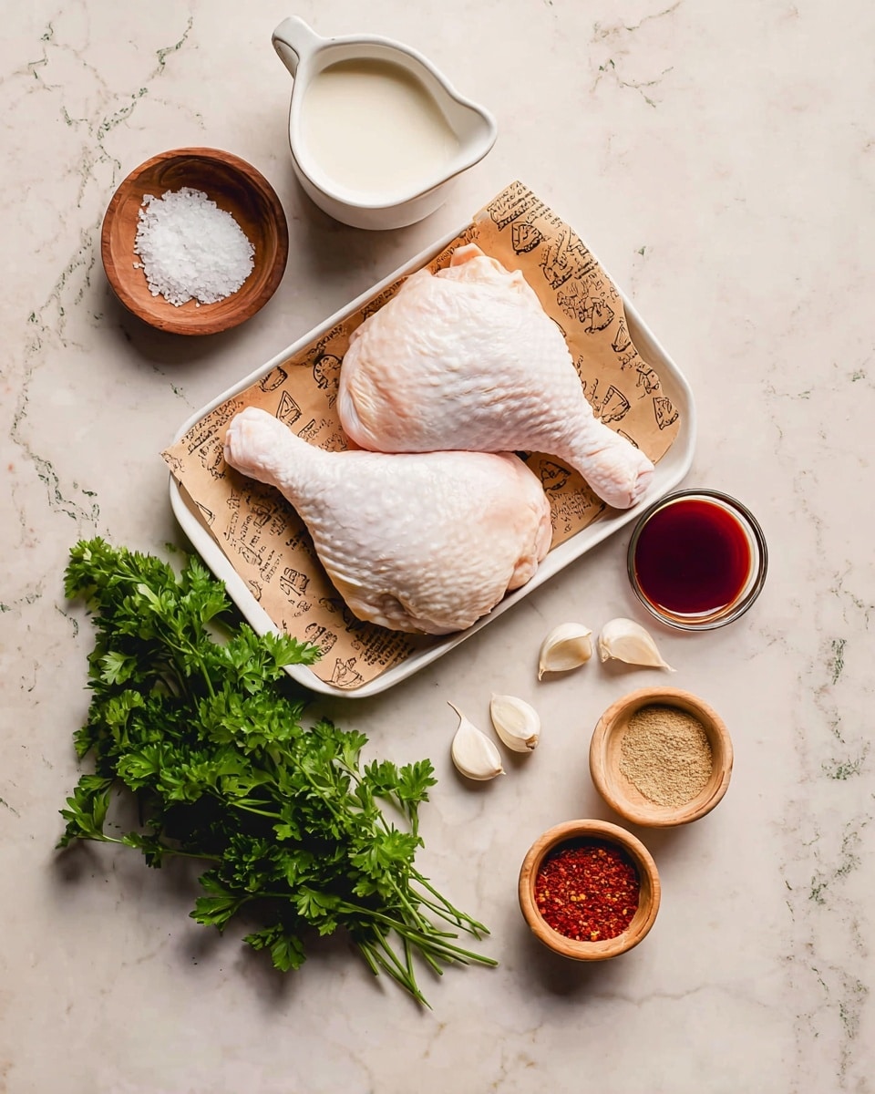 Two raw chicken pieces, one drumstick and one thigh, rest on top of brown printed paper inside a white rectangular tray. Above the tray, there is a small white jug filled with cream. To the left of the tray, a small wooden bowl with white salt and a small glass bowl with dark red sauce are placed. To the right of the tray, a small wooden bowl holds two piles of spices, one light beige and the other dark red. At the bottom of the frame is a bunch of fresh green parsley and four peeled garlic cloves. All items are on a white marbled surface. Photo taken with an iphone --ar 4:5 --v 7