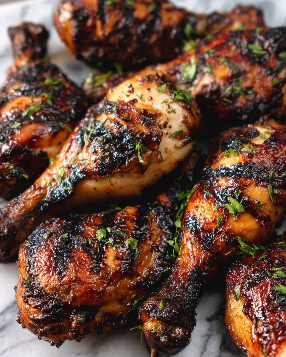 The image shows several grilled chicken drumsticks and thighs with a dark, charred outer layer covered in shiny grill marks. The chicken has a rich brown color with some lighter beige areas where the skin is less cooked. Small green herb pieces are sprinkled on top of the chicken pieces. All the chicken is placed close together on a white marbled surface. Photo taken with an iphone --ar 4:5 --v 7