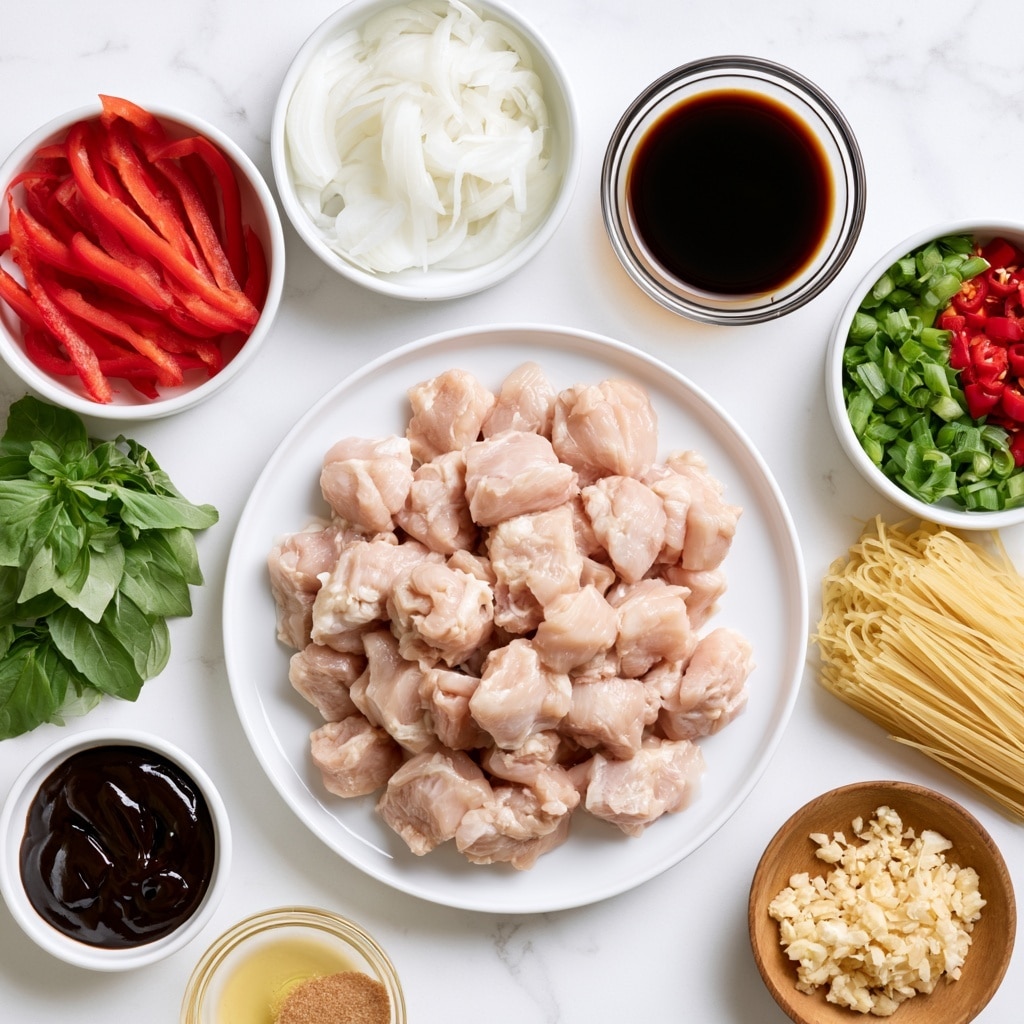 The image shows a white round plate in the center filled with raw chicken pieces that are light pink and chunked. Surrounding the plate, there are multiple white bowls, each containing different ingredients: at the top, sliced white onions with thin, glossy rings; to the left, thin red strips of red bell pepper stacked vertically; below the bell peppers, fresh green Thai basil leaves with a bright, leafy texture; to the right, small bright green chopped green onions and diced red Thai chilies; near the top right, a small glass bowl with dark brown soy sauce; below the soy sauce, a small bowl filled with light yellow raw rice noodles grouped in a neat bundle; next to the rice noodles on the bottom right, a small wooden bowl of finely chopped garlic; below the chicken plate on the left side, a thick and shiny dark brown oyster sauce in a bowl; above it, a small bowl of light golden sesame oil; and next to the sesame oil, a tiny portion of brown sugar in a white dish. All items are set on a clean white marbled surface. Photo taken with an iphone --ar 4:5 --v 7