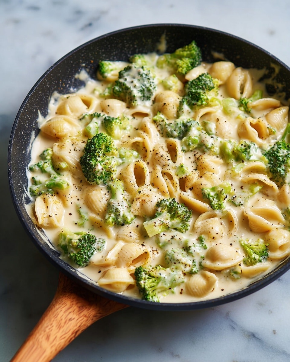 A black frying pan with a wooden handle holds a creamy dish spread evenly in one layer, featuring small shell pasta pieces in light yellow and vibrant green broccoli florets scattered throughout. The creamy sauce is pale, smooth, and thick, coating the pasta and broccoli well, with small black pepper specks sprinkled on top. The pan sits on a white marbled surface. photo taken with an iphone --ar 4:5 --v 7