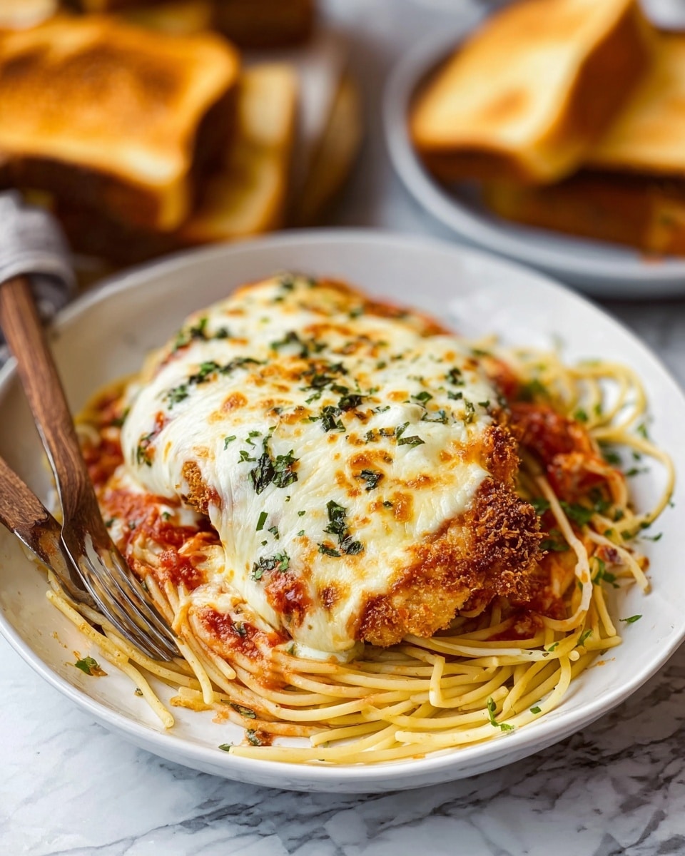 This dish shows a white plate filled with cooked spaghetti noodles forming the bottom layer, light yellow in color and slightly twisted. On top, there is a thick, crispy fried chicken piece with a golden-brown crust. The chicken is covered with a thick layer of melted, browned cheese with white and light golden spots, sprinkled with green herbs. Under the cheese is visible some red tomato sauce with chunks, peeking through around the edges of the chicken. A wooden fork rests on the plate near the dish. The plate is placed on a white marbled surface with a blurred background showing more food and toasted bread. photo taken with an iphone --ar 4:5 --v 7