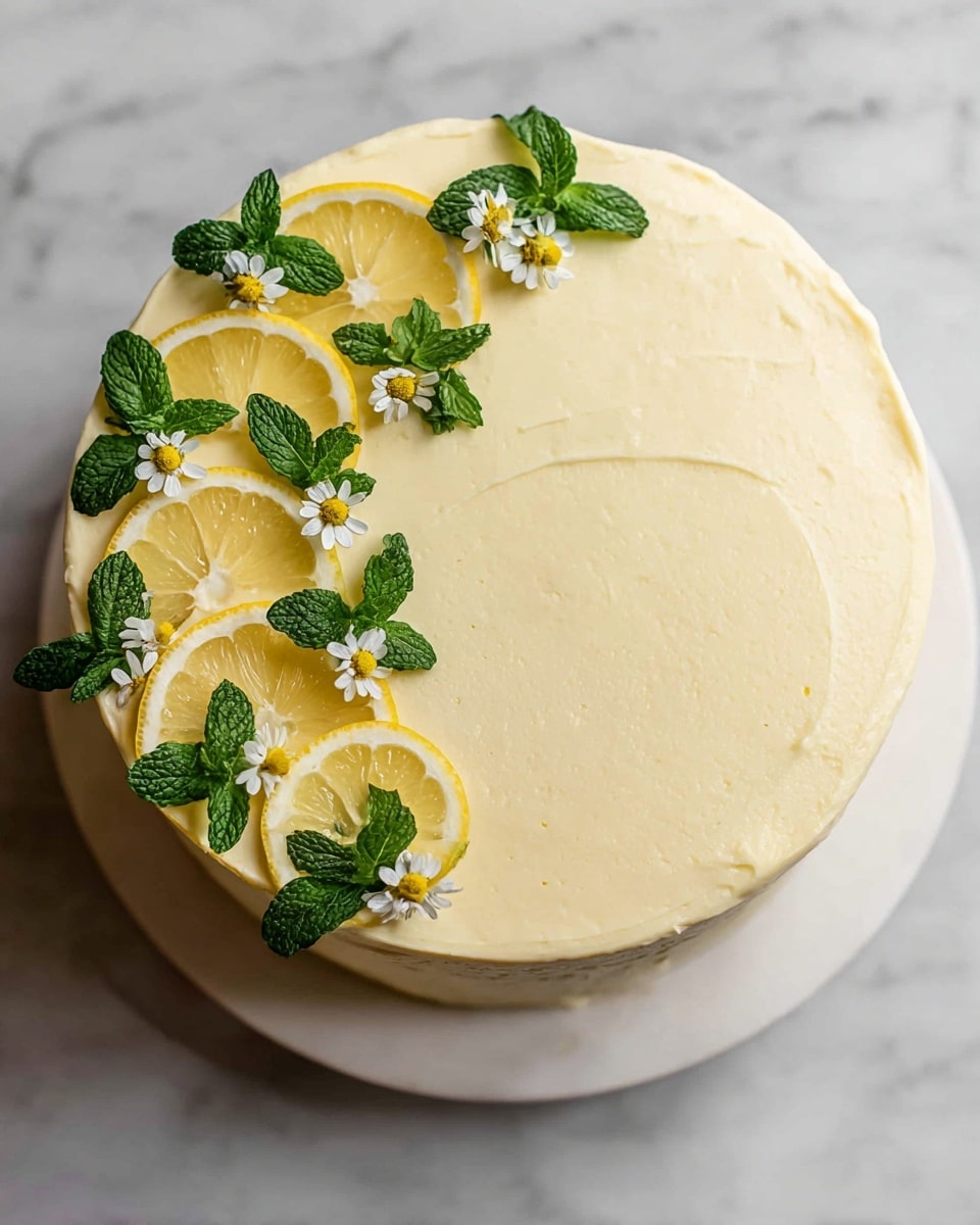 A smooth, creamy pale yellow cake with one visible layer is shown from above and slightly to the side, decorated along the top edge with alternating small lemon slices, bright green mint leaves, and tiny white flowers with yellow centers. The cake sits on a round white plate on a white marbled surface. The texture of the cake's frosting looks soft and light with subtle, uneven swirls. Photo taken with an iphone --ar 4:5 --v 7