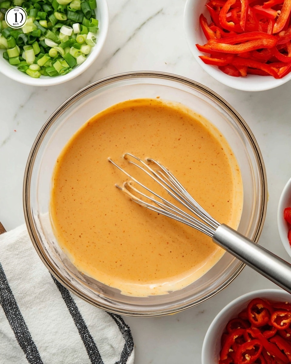 A clear glass bowl filled with a smooth, light orange sauce, being mixed with a metal whisk resting inside the bowl. Around the bowl, there are three small white bowls: one containing chopped green onions at the top left, another with thin strips of red bell pepper on the top right, and a smaller bowl with sliced red chili peppers at the bottom right. A white cloth with black stripes is visible partially on the bottom left, all set on a white marbled surface. photo taken with an iphone --ar 4:5 --v 7