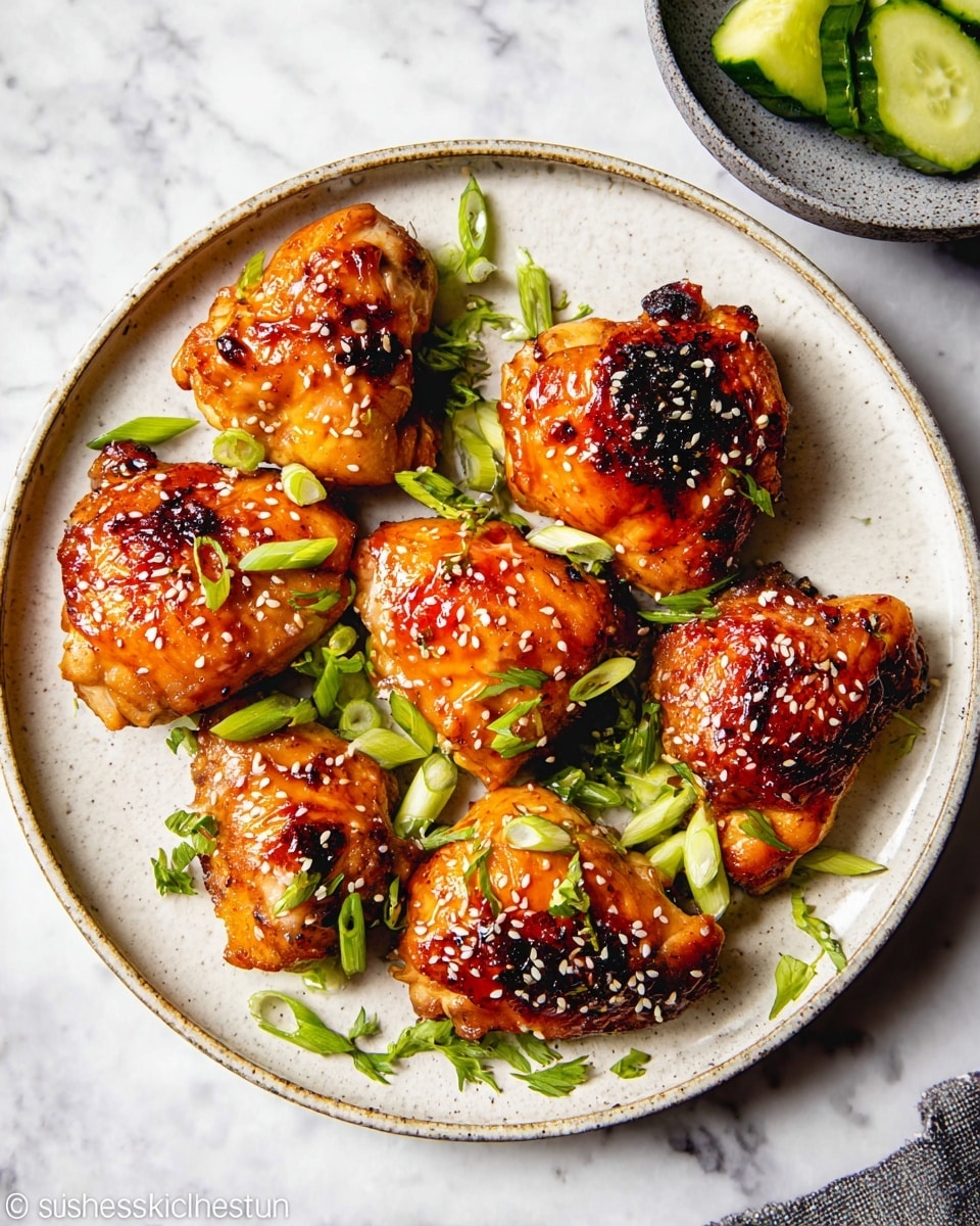 A round white plate holds nine glazed chicken pieces with a shiny, golden-brown surface showing some charred spots. The chicken is garnished with white sesame seeds and bright green sliced scallions scattered both on the chicken and the plate. The plate sits on a white marbled surface, with a small part of a gray bowl containing green cucumber slices visible in the top right corner. Photo taken with an iphone --ar 4:5 --v 7