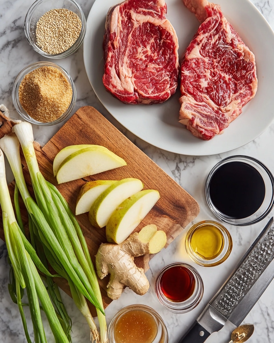 Two raw steaks with pink and white marbling sit side by side on a large white plate at the top right. Below them, a wooden cutting board holds fresh green onions, both whole and sliced, positioned diagonally with white roots and green stalks. Near the center, two thick slices of a pale yellow pear and a few slices of light brown ginger rest on the board. Surrounding the board on a white marbled surface are small glass bowls filled with light brown sugar, toasted sesame seeds, minced garlic, dark soy sauce, a deep red sauce, and light amber liquid. A metallic grater and a black-handled knife lie near the bottom corner. photo taken with an iphone --ar 4:5 --v 7