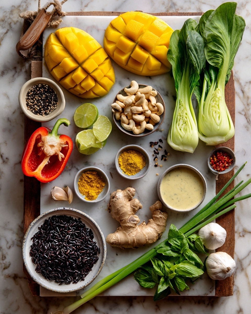 The image shows a collection of fresh ingredients arranged on a white marbled surface. At the bottom, a white bowl holds cooked black rice, next to green spring onions lying across the surface and fresh basil leaves to the right. Above this, there is a whole mango, sliced in a grid pattern, displaying its bright yellow flesh, with another similarly cut mango near the top left. A small bowl contains lime wedges, placed just beside a larger bowl filled with cashew nuts. Near the center, a piece of fresh ginger and two cloves of garlic are laid out. A red bell pepper, halved to reveal its inner structure, rests to the middle left, while two baby bok choy are halved and placed on a wooden board in the top left. Small bowls contain creamy white sauce, black sesame seeds, and spices like yellow turmeric and red chili flakes. The entire scene is bright and colorful with a mix of fresh vegetables, nuts, fruits, and spices, styled neatly for a cooking preparation photo taken with an iphone --ar 4:5 --v 7