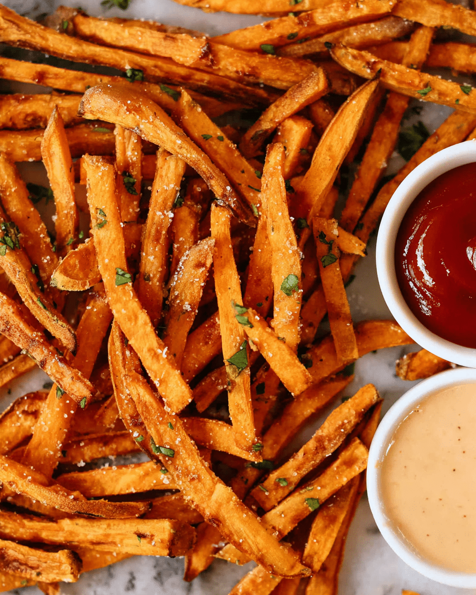 A white wire basket lined with light brown parchment paper holds a pile of crispy sweet potato fries. The fries are golden orange with some charred edges and are sprinkled with small bits of salt and green parsley pieces scattered on top. Around the basket, there are three small bowls: one with a creamy off-white dip topped with red spices, one with red sauce, and one with a pale yellow sauce. The whole scene is set on a white marbled surface with a glimpse of a white cloth with black stripes at the bottom corner. photo taken with an iphone --ar 4:5 --v 7
