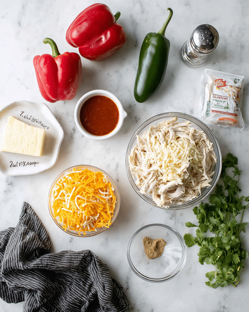 The image shows a white marbled background with several ingredients neatly arranged. On the right, there is a clear glass bowl filled with shredded white chicken. Near the top left, two whole red bell peppers and one whole green jalapeño pepper are placed. A small white cup labeled