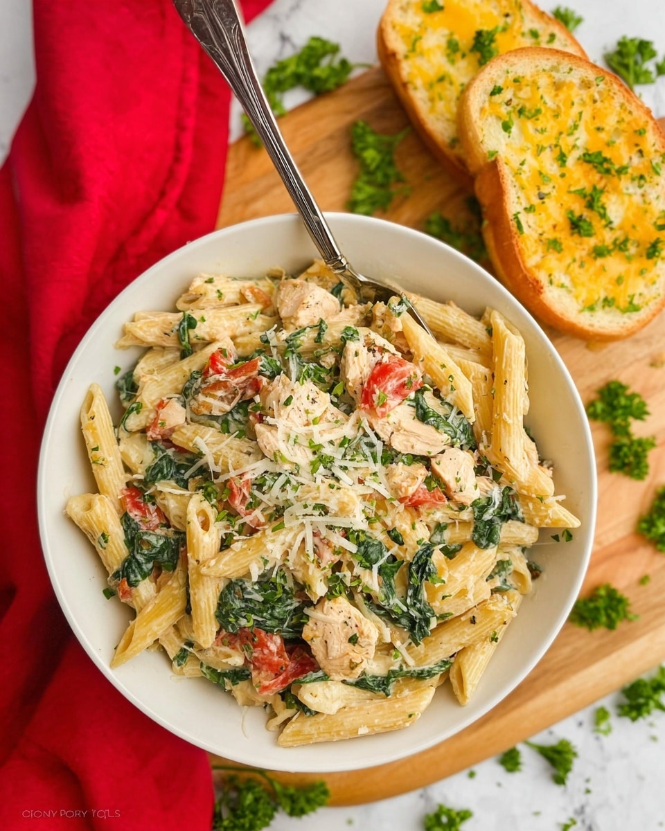 A white bowl filled with creamy penne pasta mixed with chunks of light beige chicken, bright green spinach leaves, and small pieces of red tomatoes, all topped with grated white cheese and small green herb sprinkles; a silver fork rests inside the bowl on the left side. Behind the bowl, slightly to the right, there are two slices of golden brown garlic bread with melted yellow butter and green herbs on top, placed on a white marbled surface. The bowl and bread are on a light wooden board, and a bright red cloth is partially visible on the top left corner. Sprigs of green parsley are scattered around the board and surface. photo taken with an iphone --ar 4:5 --v 7