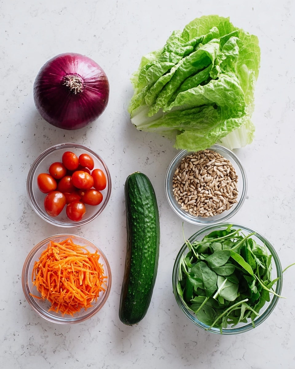 The image shows fresh salad ingredients arranged on a white marbled surface. In the top left, there is a whole purple onion with a shiny, smooth skin. Next to it, there is a small bunch of bright green romaine lettuce leaves with a textured, crispy look. To the right, there is a small clear bowl filled with light brown sunflower seeds, and next to it, a long, dark green cucumber with a smooth surface. Below these, there are three clear bowls: one with small, bright red grape tomatoes, one with shredded orange carrots, and one filled with fresh dark green spinach leaves. At the top right, there is a clear bowl full of fresh green arugula leaves with a slightly jagged texture. This layout of fresh vegetables and seeds looks clean and colorful. photo taken with an iphone --ar 4:5 --v 7