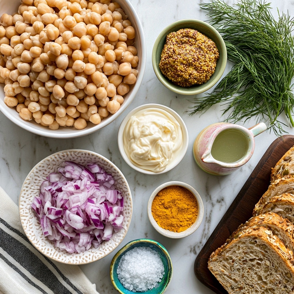The image shows a flat lay of several white bowls and small dishes arranged on a white marbled surface. The largest bowl at the top left is filled with light beige chickpeas. To its right, a small green bowl holds stone ground mustard with visible mustard seeds. Near this bowl, fresh green dill fronds add a pop of color. Below, a small white dish contains mayonnaise with a smooth and creamy texture. Next to it, a small pitcher with light pink and greenish hues holds pickle juice. At the bottom left, a patterned white bowl is filled with finely chopped purple onion, showing layers of light and dark purple pieces. Next to it, a tiny bowl contains bright yellow turmeric powder. Another small blue-green bowl contains coarse white salt. At the bottom right corner, several slices of multigrain sandwich bread with visible seeds and a golden-brown crust are placed on a dark wooden board. A striped cloth napkin sits on the bottom left edge. Photo taken with an iphone --ar 4:5 --v 7