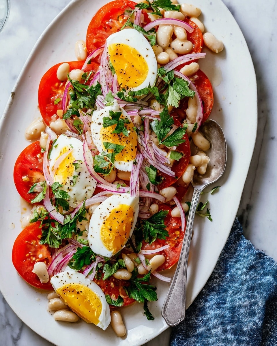 A white oval plate shows a salad with three main layers: the bottom layer has bright red tomato slices, the middle layer is made of white beans scattered evenly, and the top layer has quartered boiled eggs with soft yellow yolks inside. Thin purple onion slices and fresh green parsley leaves are placed on top and around the eggs and beans. The salad is sprinkled with black pepper. A silver spoon rests on the right side of the plate. The plate sits on a white marbled surface with a bit of a blue cloth showing in the bottom right corner. photo taken with an iphone --ar 4:5 --v 7
