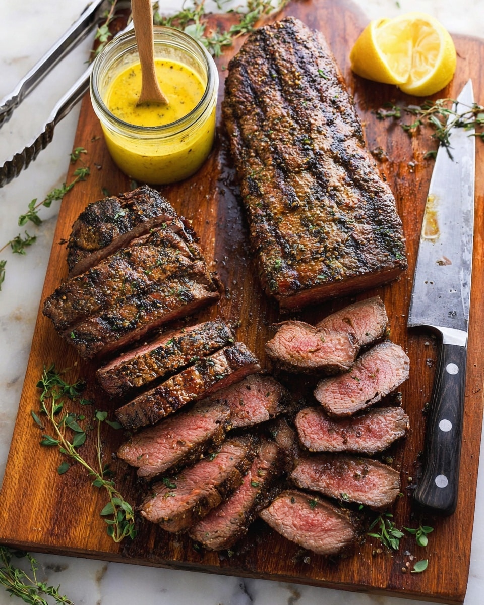 Two large, darkly grilled steak pieces with a textured, herb-coated surface are placed on a wooden cutting board. One steak remains whole, while the other is sliced into even pieces showing a pink center and a dark outer crust. A large knife with a black handle lies beneath some of the sliced steak. Small green leaves are scattered on the board for garnish. A glass jar filled with yellow sauce and a wooden spoon inside sits at the top left corner, next to a lemon half, with metal tongs in the background on a white marbled surface. photo taken with an iphone --ar 4:5 --v 7