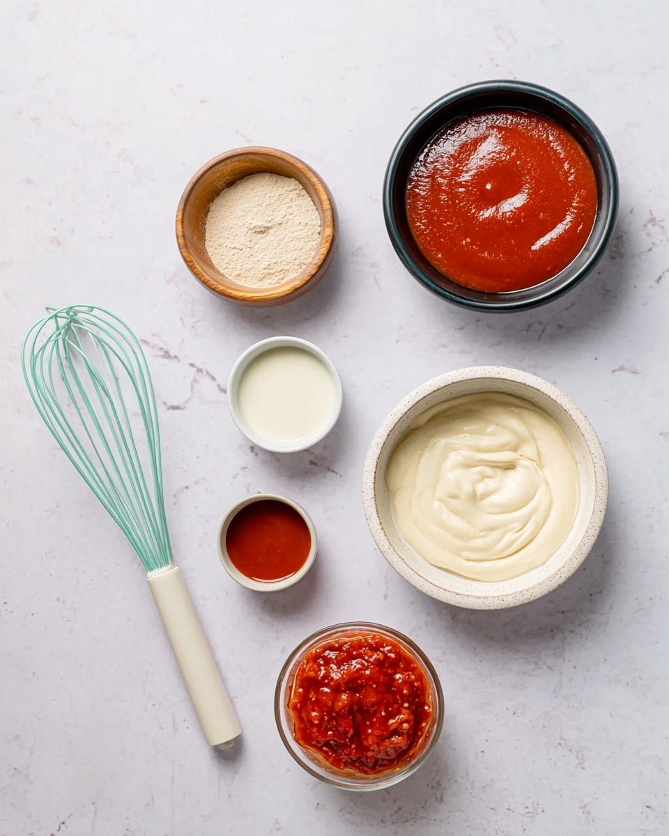 The image shows six bowls on a white marbled surface, each with different ingredients. Starting from the top left, there is a small wooden bowl with a light beige powder. Below it, there is a medium black-rimmed bowl filled with a thick red sauce. To the right of that, a tiny white bowl contains a darker red sauce. Above it is a medium white bowl filled with a smooth, creamy off-white substance. Finally, at the top right, a medium white bowl holds a chunky bright red sauce with visible small bits. To the left of the bowls, there is a clear glass mixing bowl with a teal whisk inside it, and a white spatula with a wooden handle laying flat on the surface. Photo taken with an iphone --ar 4:5 --v 7