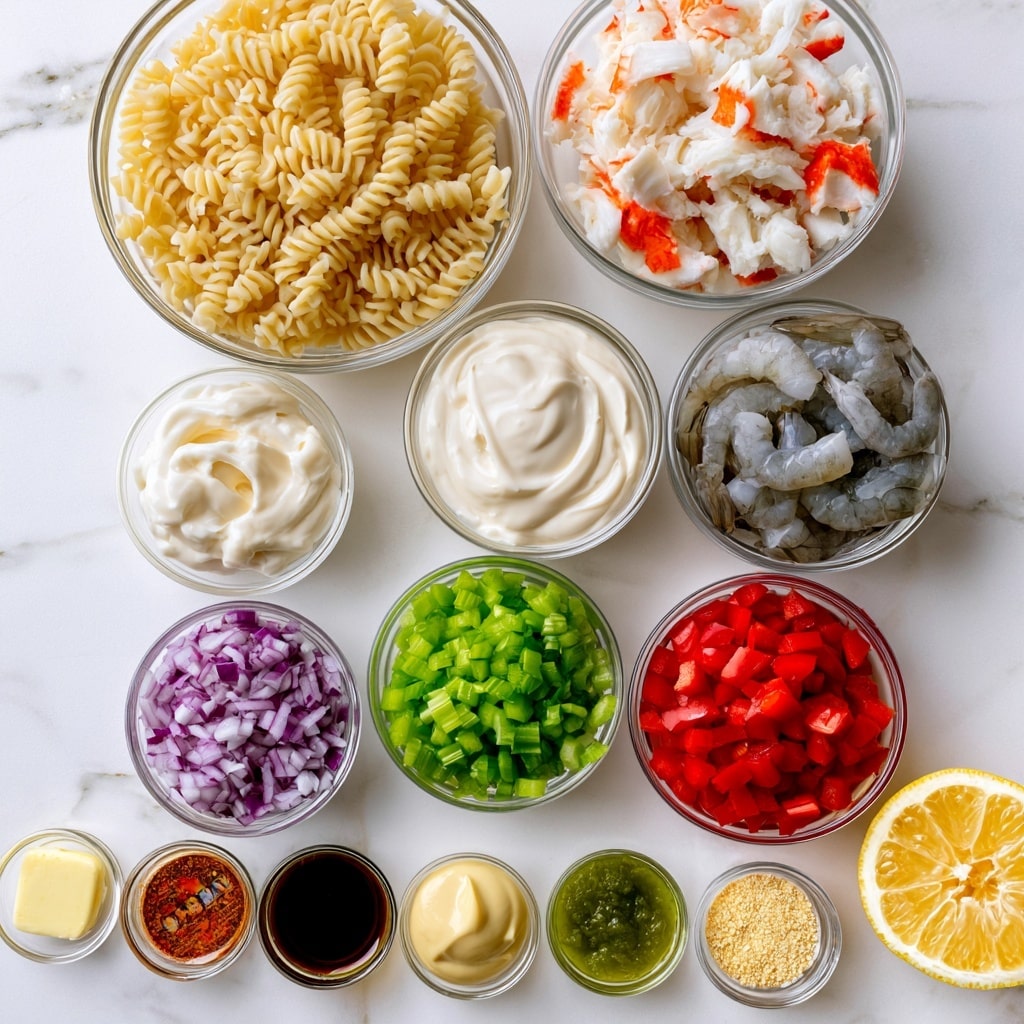 The image shows twelve clear glass bowls arranged on a white marbled surface. The largest bowl at the top left is filled with light yellow spiral pasta. To its right is a bowl with white and orange imitation crab pieces. Below the crab is a bowl with gray raw shrimp. Below the pasta is a bowl with thick, creamy white mayonnaise. At the bottom center is a smaller bowl with bright green chopped celery, flanked on the right by a bowl with vibrant red diced bell pepper and on the left by a bowl with finely chopped purple onion. At the bottom left corner, three small bowls hold a light yellow butter pat, a reddish spice labeled Old Bay, and dark brown Worcestershire sauce. To the right of these are three similarly sized bowls with creamy Dijon mustard, green relish, and light golden garlic powder. On the far right is half a lemon with bright yellow flesh. All bowls are evenly spaced and the ingredients are clearly visible. photo taken with an iphone --ar 4:5 --v 7