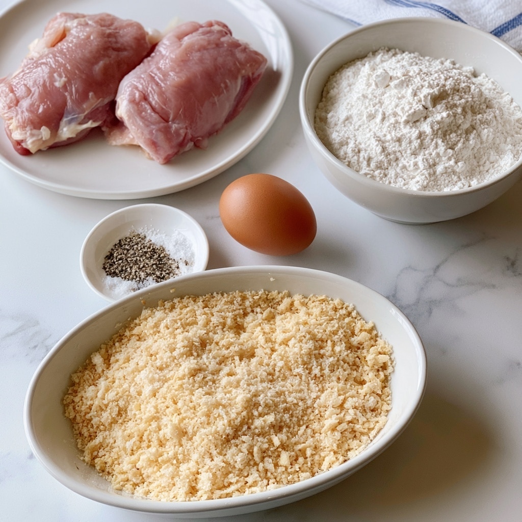 The image shows a white plate with two raw pink chicken thighs or breasts at the top left. To the right, there is a white bowl filled with white flour. Below the plate and bowl is a brown egg placed next to a small white bowl with a mix of black and white salt and pepper. In the foreground, there is another large white bowl full of light golden panko breadcrumbs with a crumbly texture. The items are placed on a white marbled surface with a corner of a white towel with blue lines visible in the background. Photo taken with an iphone --ar 4:5 --v 7