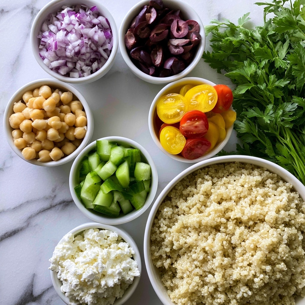 The image shows seven small white bowls arranged loosely on a white marbled surface with fresh green parsley on the right. Each bowl contains a different ingredient: on the top left, finely chopped red onions in a white bowl; below it, light yellow chickpeas in a white bowl; next to chickpeas, sliced dark purple olives in a white bowl; below olives, halved yellow and red tomatoes in a white bowl; further down, bright green cucumber pieces in a white bowl; bottom left, crumbly white feta cheese in a white bowl; and on the bottom right, a large bowl filled with fluffy cooked quinoa that is pale beige. The colors create a fresh and colorful display. Photo taken with an iphone --ar 4:5 --v 7