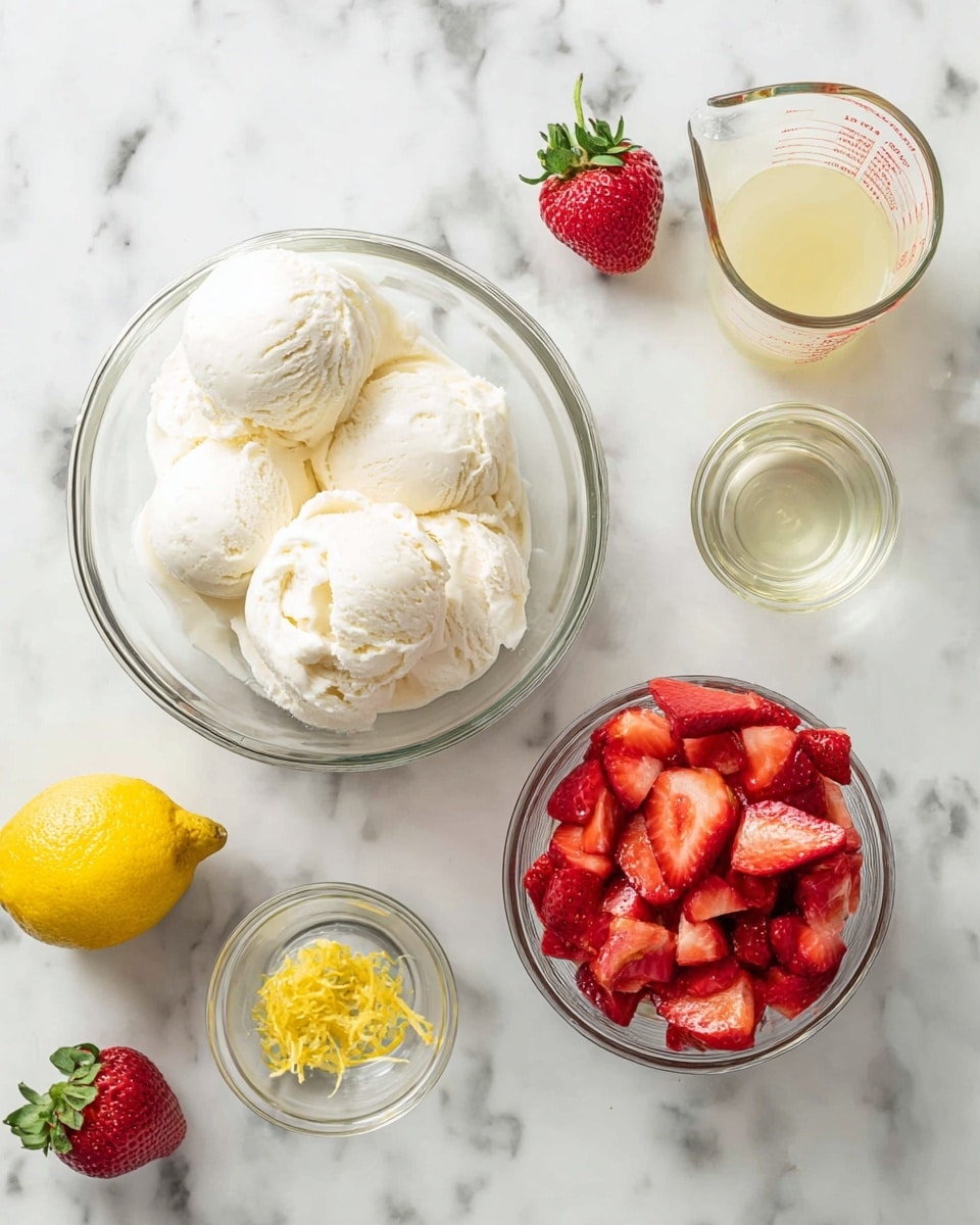A top view of clear glass bowls arranged on a white marbled surface; the largest bowl in the center holds several scoops of creamy white ice cream with a smooth texture, to its lower right a medium bowl filled with sliced bright red strawberries showing juicy flesh, above that and to the right is a measuring cup with a pale yellow liquid, near the top center is a whole red strawberry with green leaves, to the left of the strawberry is a small bowl with a light clear liquid, below it is another small bowl containing bright yellow lemon zest, in the bottom left corner rests a whole bright yellow lemon and another whole red strawberry, all arranged neatly for a bright and fresh feel photo taken with an iphone --ar 4:5 --v 7
