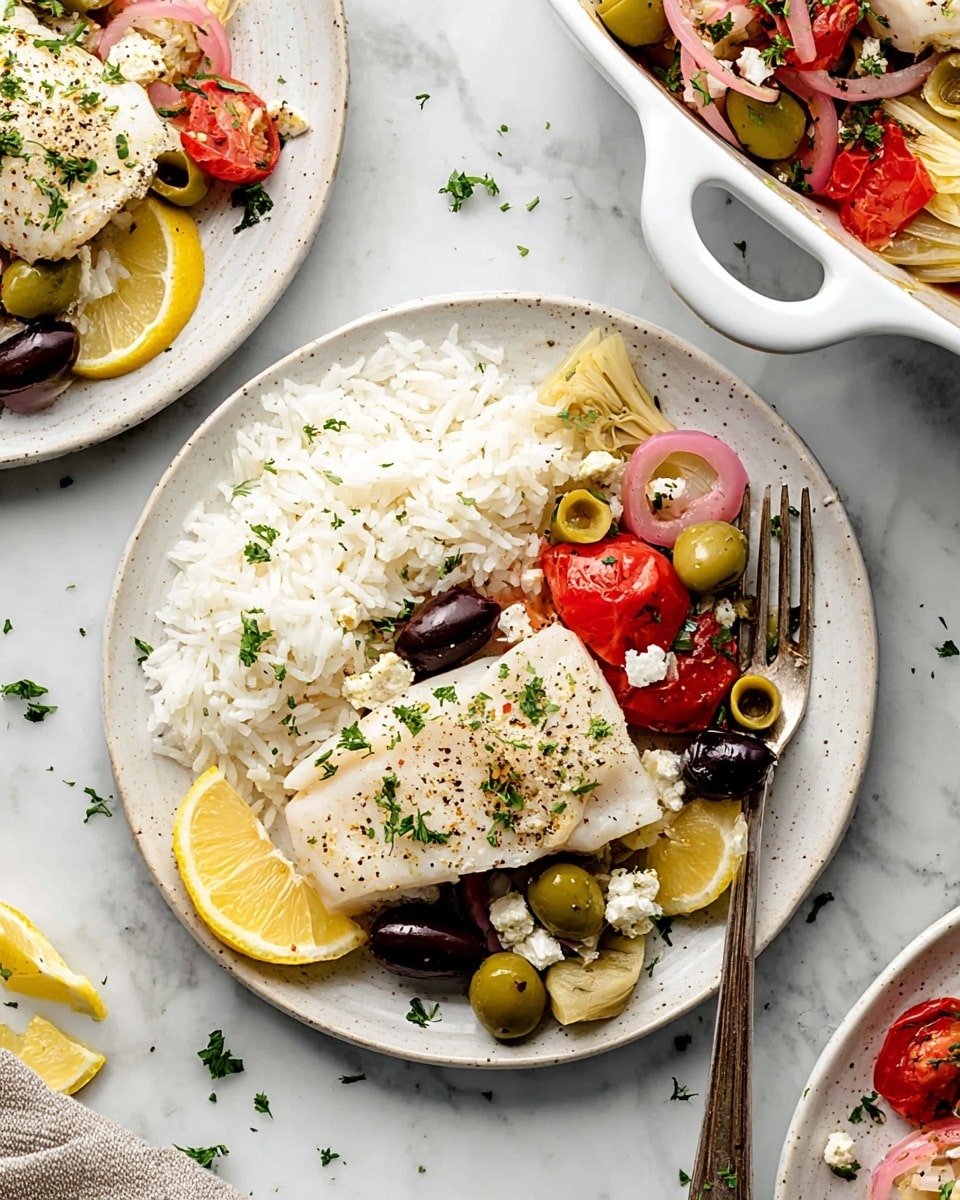 A white plate on a white marbled surface holds a meal with three main layers: on the right side, there is a pile of fluffy white rice sprinkled with green herbs; next to it, a piece of white cooked fish seasoned with black pepper is placed at the center; around the fish, there is a mix of red cherry tomato halves, green and black olives, thin pink onion slices, and yellow artichoke pieces, all garnished with small white cheese crumbles and chopped green herbs. Two lemon wedges rest at the bottom edge of the plate near the rice. A silver fork touches the rice at the bottom right corner. To the top right, a white bowl with handles contains more of the vegetable and cheese mix. Photo taken with an iphone --ar 4:5 --v 7