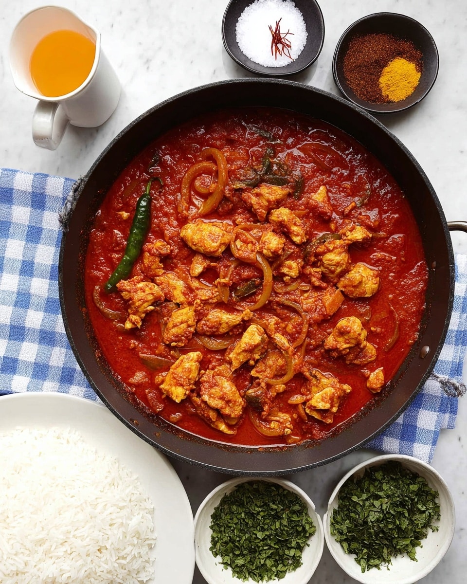 A black pan filled with a thick, bright red tomato-based curry containing several small pieces of light brown cooked chicken, thin slices of cooked onions, and a few whole green chili peppers scattered throughout. On the top-left corner, there is a white cup with an orange liquid and saffron threads. Above the pan, two small black bowls hold white salt crystals on the left and brown powdered spices on the right. At the bottom left, part of a white plate is visible with a mound of plain white rice. On the bottom right, three white cups filled with chopped green herbs are arranged on a blue and white checkered cloth, all placed on a white marbled surface photo taken with an iphone --ar 4:5 --v 7
