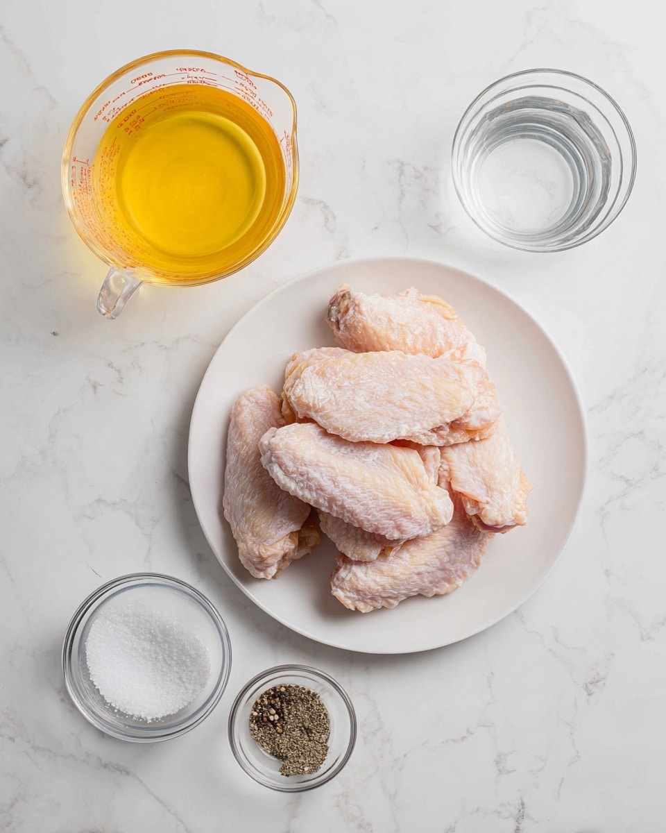 A white round plate sits on a white marbled surface, holding five pieces of frozen light pink chicken wings stacked unevenly with visible frost. Above the plate and to the left is a glass measuring cup filled with a yellow liquid, while to the right is another glass measuring cup filled with clear water. At the bottom of the image are two small glass bowls, one filled with white salt crystals on the left and one filled with black pepper on the right. Photo taken with an iphone --ar 4:5 --v 7