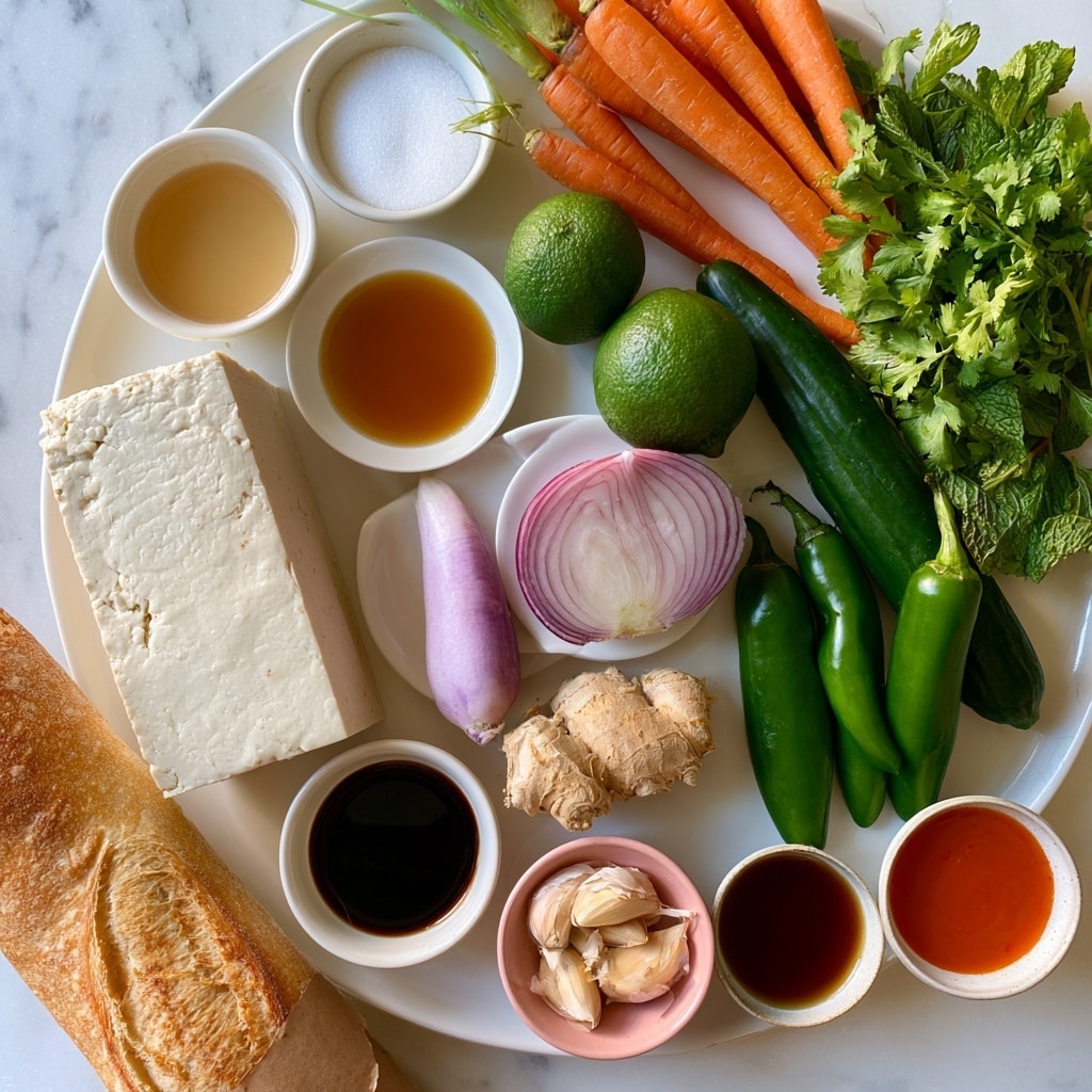 A white plate holds a large rectangular block of extra firm tofu with a smooth, creamy surface on the left. Nearby, a small white bowl contains light golden rice vinegar, and next to it is another small white bowl filled with fine white sugar. A few bright orange carrots with green tops rest diagonally on the top right, alongside fresh green cilantro and mint leaves. Two round green limes sit close to a long, dark green cucumber, while three shiny green jalapenos lie nearby. A light purple radish and a half-sliced red onion with visible layers are placed on small white plates near the center. Small bowls with dark tamari, golden-brown sesame oil, dark maple syrup, and red-orange sriracha sauce add contrasting colors around. Fresh ginger root and garlic cloves fill a small pink bowl near the center. A long crusty baguette wrapped partially in brown paper rests on the left bottom corner, all arranged on a white marbled surface photo taken with an iphone --ar 4:5 --v 7