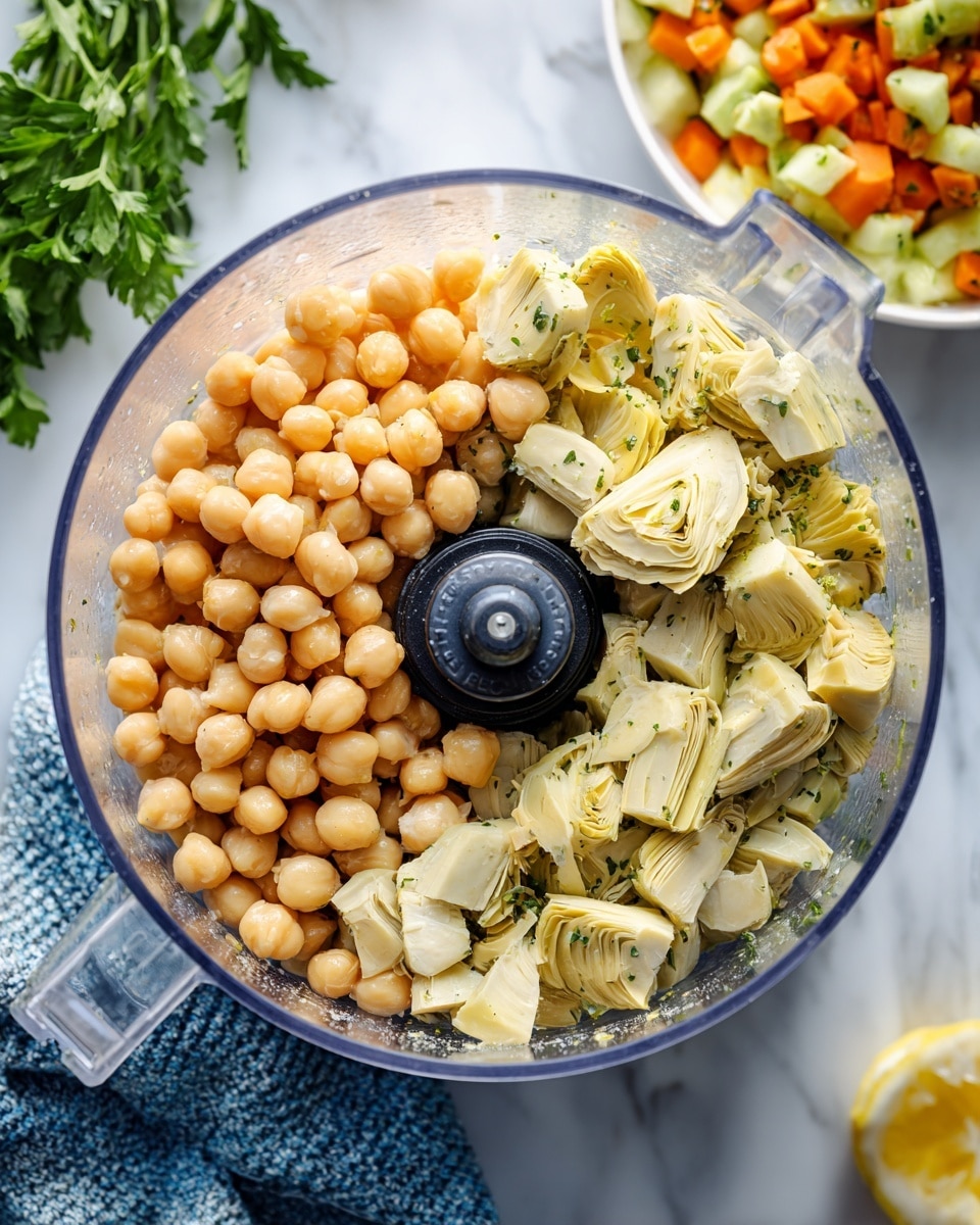 A clear glass food processor bowl is filled with two main layers: light beige chickpeas on the left side and pale yellow artichoke hearts on the right side. The black center blade attachment of the processor is visible in the middle. The bowl sits on a white marbled surface with a textured blue and white cloth partially seen at the bottom left. In the background, fresh green parsley and a white bowl with diced orange and green vegetables are slightly out of focus on the white marbled surface. A partially visible lemon wedge is seen on the right side. Photo taken with an iphone --ar 4:5 --v 7