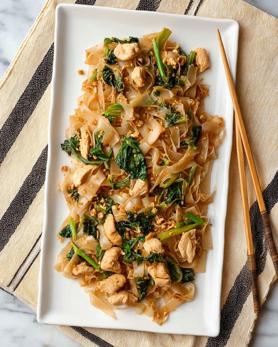 The dish is served on a long white rectangular plate placed on a white marbled surface. It has wide, flat, tan-colored rice noodles layered with medium-sized pieces of light brown cooked chicken and bright green leafy vegetables mixed throughout. The noodles have a soft, slightly shiny texture, and the chicken pieces appear tender with a slight golden tint. The green vegetables add fresh color and contrast against the noodles and chicken, creating a balanced mix of colors and textures across the plate. There are also bits of minced cooked garlic scattered throughout the dish. Two pairs of wooden chopsticks rest to the right of the plate on a beige cloth with black stripes. Photo taken with an iphone --ar 4:5 --v 7