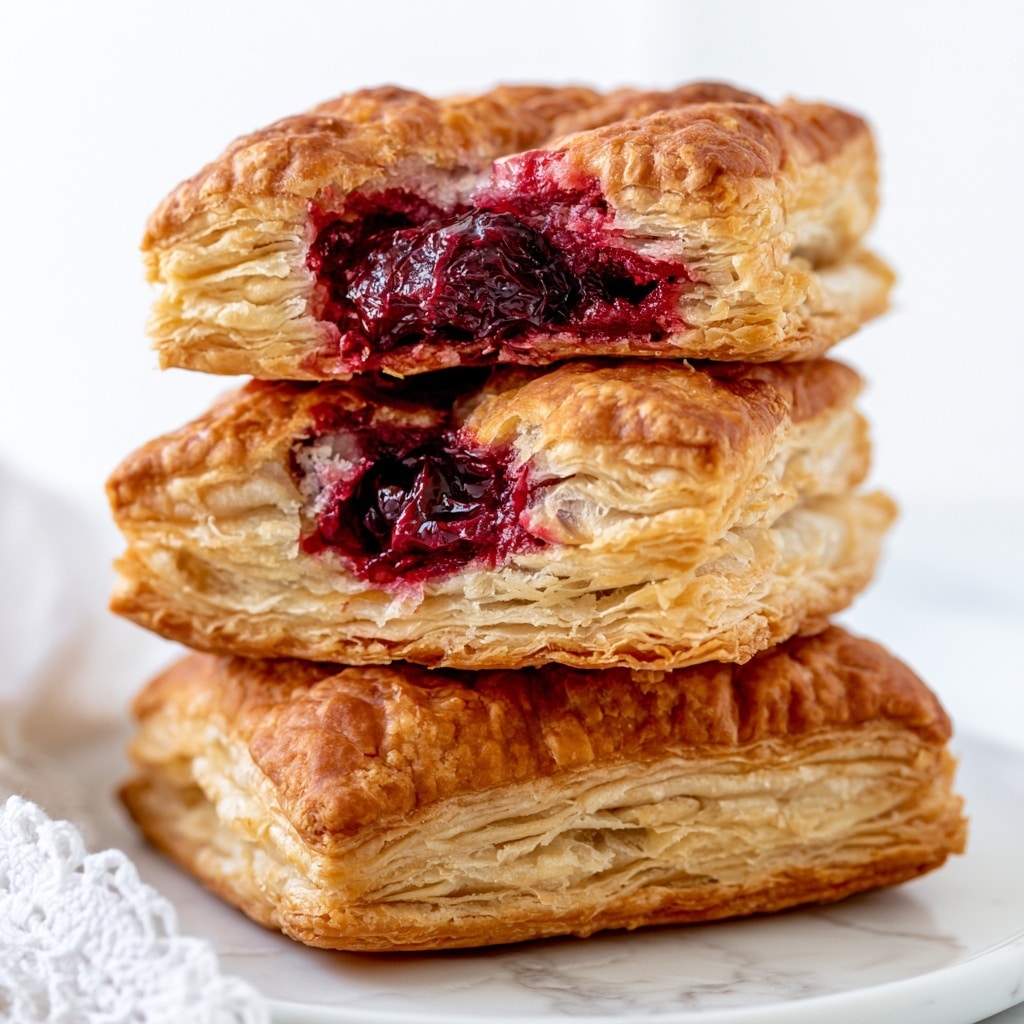 A stack of three golden brown pastries with flaky, layered crusts sits in the center, with the top two broken open to show dark red, juicy cherry filling inside. The pastries have a rough texture on top and the layers are visible along the edges, giving a light and airy look. They are resting on a white plate on a white marbled surface, and a white lace cloth is partly visible in the bottom left corner. The background is bright and softly blurred, putting the focus on the pastries. photo taken with an iphone --ar 4:5 --v 7