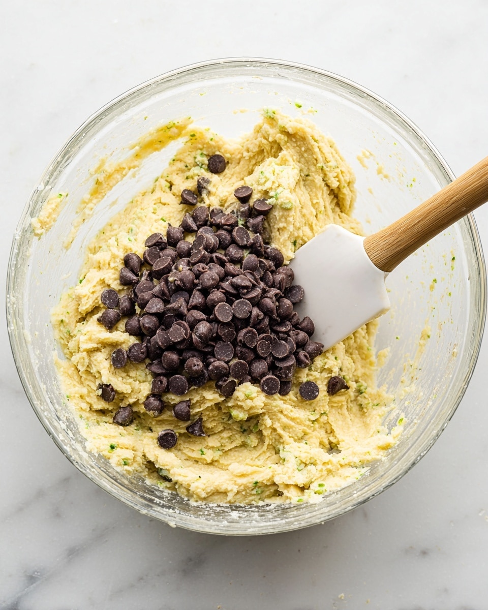 A clear glass bowl sits on a white marbled surface, filled with a thick, pale yellow batter that has small green bits mixed throughout. On top of the batter, there is a pile of dark brown chocolate chips. A white spatula with a wooden handle rests inside the bowl, partially submerged in the batter. The texture of the batter looks soft and slightly grainy, with the chocolate chips scattered mainly on one side. The overall scene is bright and clean. photo taken with an iphone --ar 4:5 --v 7