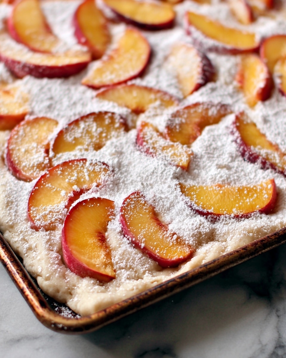 The image shows a close-up view of a baked dessert on a baking tray placed on a white marbled surface. The dish has a base layer of light beige dough spread thinly on the tray. On top, there are two layers of thin, overlapping peach slices with reddish skin and yellow-orange flesh, arranged side by side covering the dough almost completely. The whole surface is dusted with a thick white powder that looks like powdered sugar, giving a soft and snowy texture to the top. Some parts of the peach slices are visible under the sugar, showing their smooth texture. The baking tray has a rustic look with shiny metal and slightly rounded edges. Photo taken with an iphone --ar 4:5 --v 7