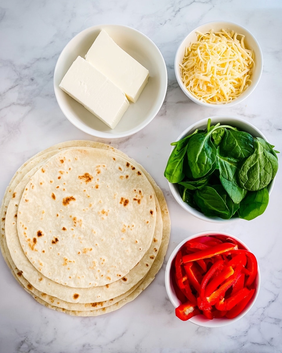 The image shows a stack of flat, round tortillas with light brown spots on a white marbled surface on the left side. To the right, four small white bowls are arranged. The top bowl holds two thick white blocks of cream cheese. Below it, a bowl is filled with shredded yellow cheese. Next to these, a bowl contains fresh bright green spinach leaves with a smooth texture. At the bottom right, a bowl is filled with sliced red bell peppers with a shiny surface. All bowls and tortillas are placed on a clean white marbled surface. photo taken with an iphone --ar 4:5 --v 7