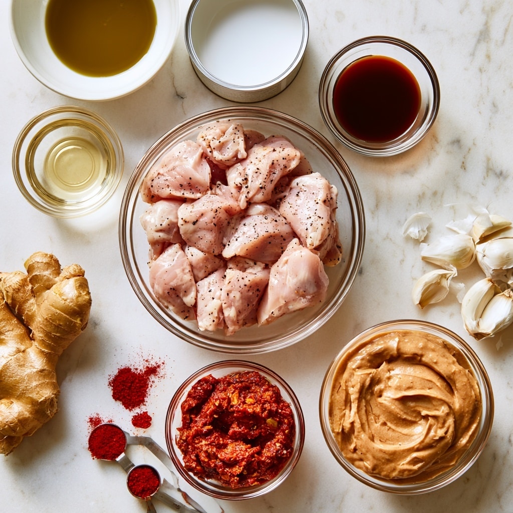The image shows several ingredients arranged on a white marbled surface. In the center, there is a clear glass bowl filled with pale pink raw chicken pieces, seasoned with black specks. Above the chicken, there are two open cans of creamy white coconut milk and a small clear bowl of dark brown fish sauce. To the upper left is a white bowl of olive oil, and below it, a small clear bowl with light yellow sesame oil. The bottom right features a clear bowl filled with light brown peanut butter with a smooth swirled texture. Near the bottom center, a clear bowl contains thick and rich red curry paste with deep red and orange tones. To the left of that are small measuring spoons filled with bright red cayenne and chili powder. On the left side, a large piece of knobby golden ginger root, and on the right, several peeled white garlic cloves are scattered. The overall setup is neat and visually balanced with a mix of clear glass bowls and white bowls on the white marbled surface. Photo taken with an iphone --ar 4:5 --v 7