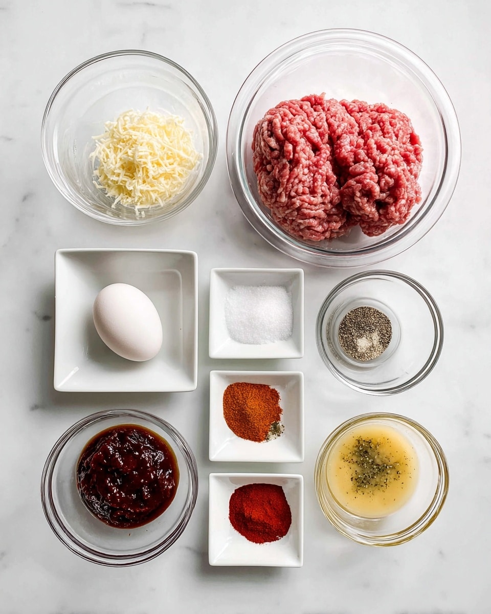The image shows a top view of different cooking ingredients in clear glass and white containers placed on a white marbled surface. In the center top, a clear glass bowl holds a large portion of raw ground meat, pink and textured with visible lines. To the left of it, a smaller glass bowl contains a small amount of grated cheese with a light yellow color. Below the meat bowl, another glass bowl holds a single white egg. Surrounding these are white square dishes with granulated white salt, coarse black pepper, and bright reddish-orange and brown powders. Below the egg and cheese, there are three clear glass bowls with different sauces and pastes: a dark red thick sauce, a yellowish-beige liquid with herbs, and minced or chopped garlic. The setup is neat, clean, and evenly spaced. Photo taken with an iphone --ar 4:5 --v 7