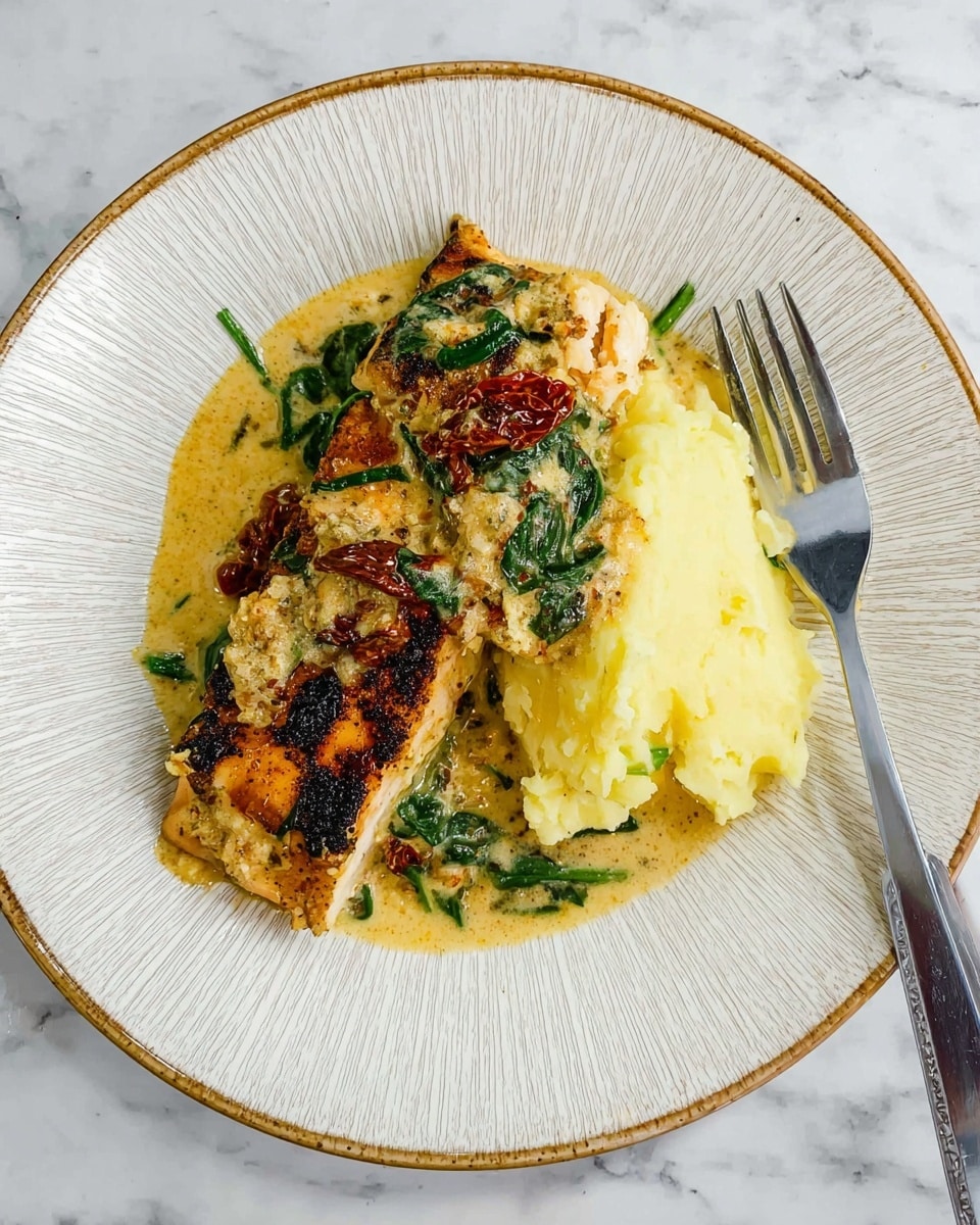 A white plate with a textured rim holds a dish of two main layers: on the left, a grilled fish fillet with charred dark grill marks, topped with a creamy sauce with visible herbs, sun-dried tomatoes, and spinach leaves scattered inside. On the right side of the plate, there is a smooth layer of mashed potatoes, light creamy yellow in color, partially covered by the same sauce flowing from the fish. A silver fork rests on the right edge of the plate. The plate sits on a white marbled surface. photo taken with an iphone --ar 4:5 --v 7