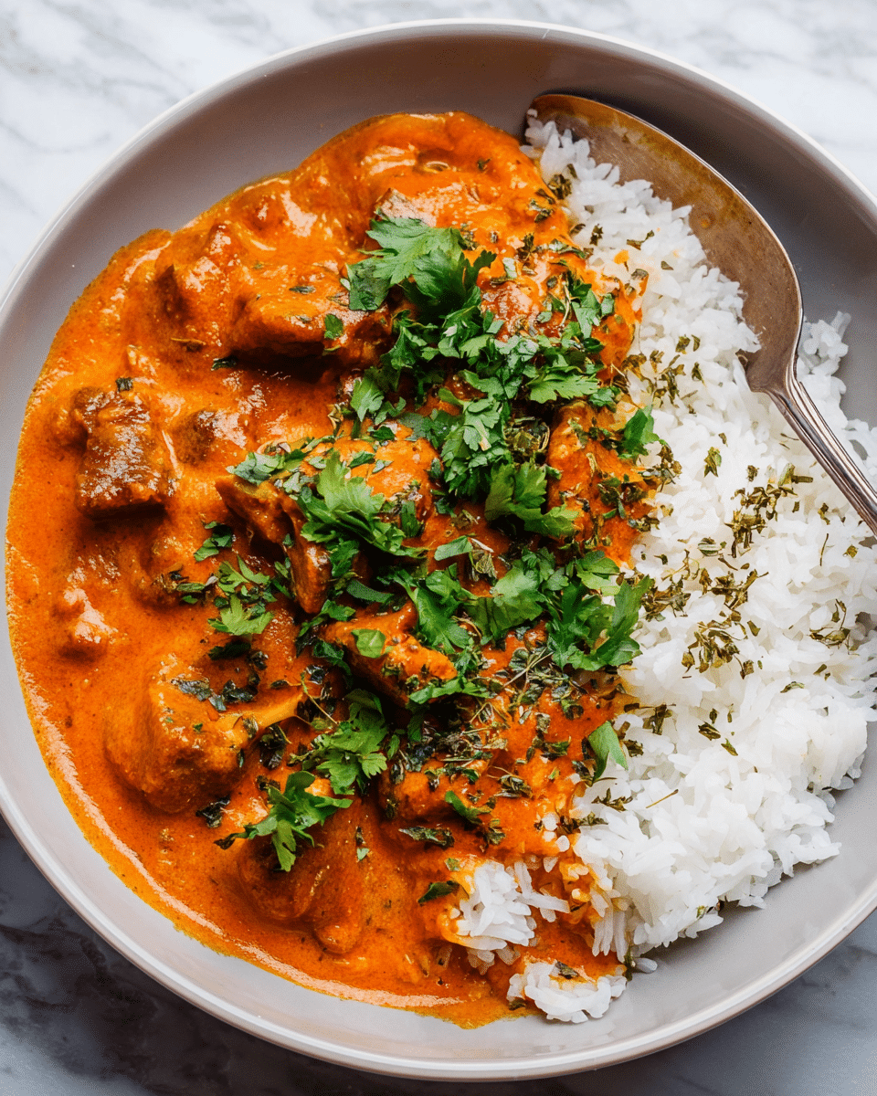 A close-up view of a white bowl filled with two main layers: fluffy white rice on one side and vibrant orange curry sauce with tender chunks of meat on the other side. The curry is thick and smooth, sprinkled generously with fresh green cilantro leaves and some dried herbs on top. A shiny silver fork rests on the rice, and the bowl sits on a white marbled surface, showing a bit of texture. photo taken with an iphone --ar 4:5 --v 7